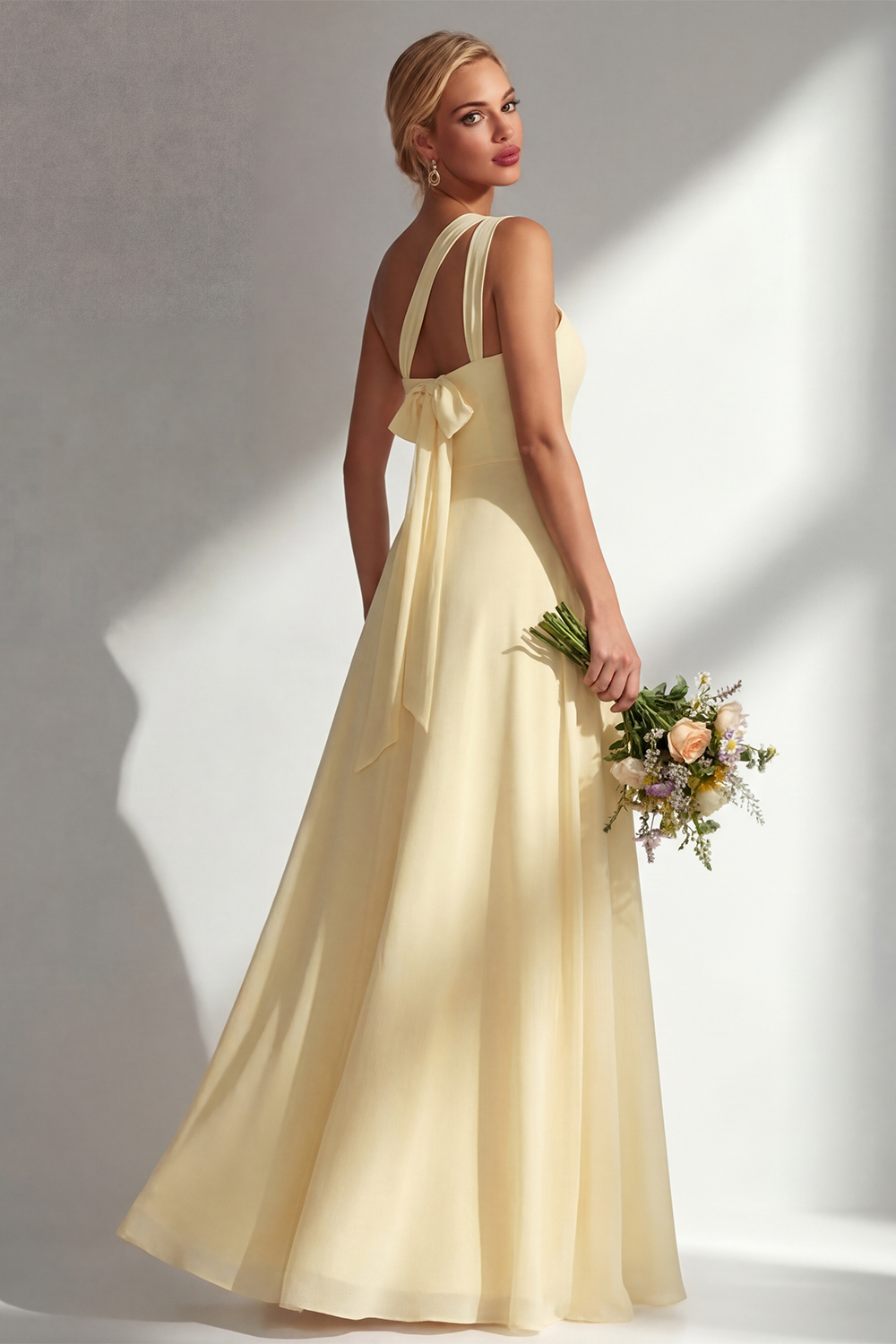 Yellow A Line Backless Ruched Convertible Wear Long Chiffon Prom Dress