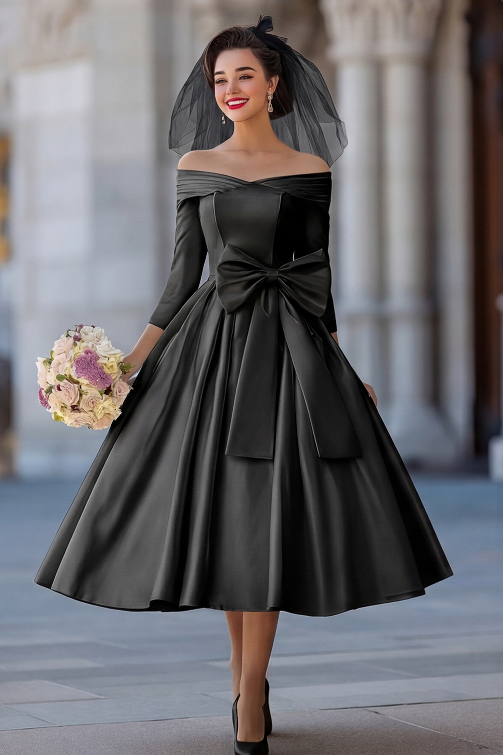 Ivory A Line Off the Shoulder Midi Wedding Reception Dress with Sleeves