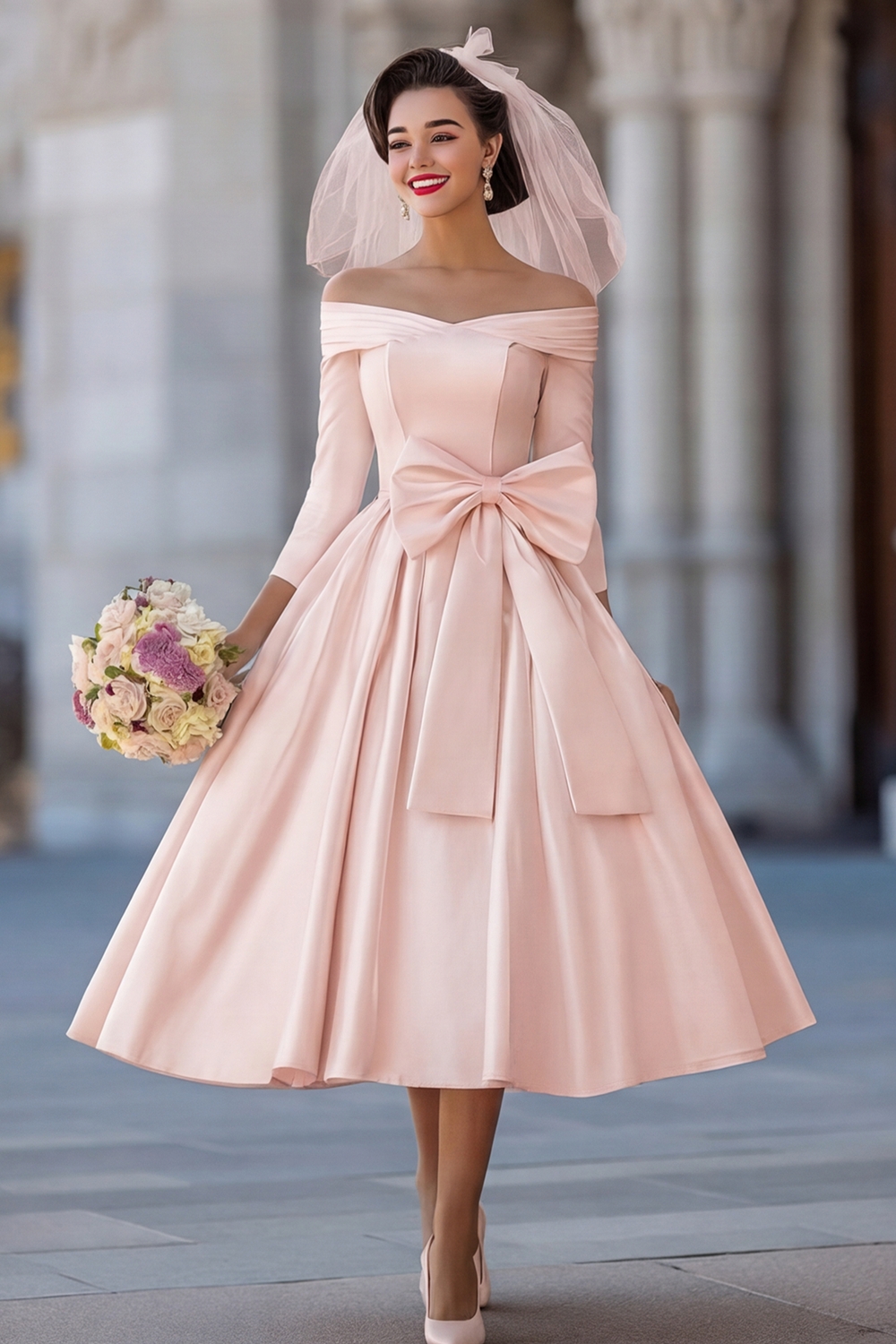 Ivory A Line Off the Shoulder Midi Wedding Reception Dress with Sleeves