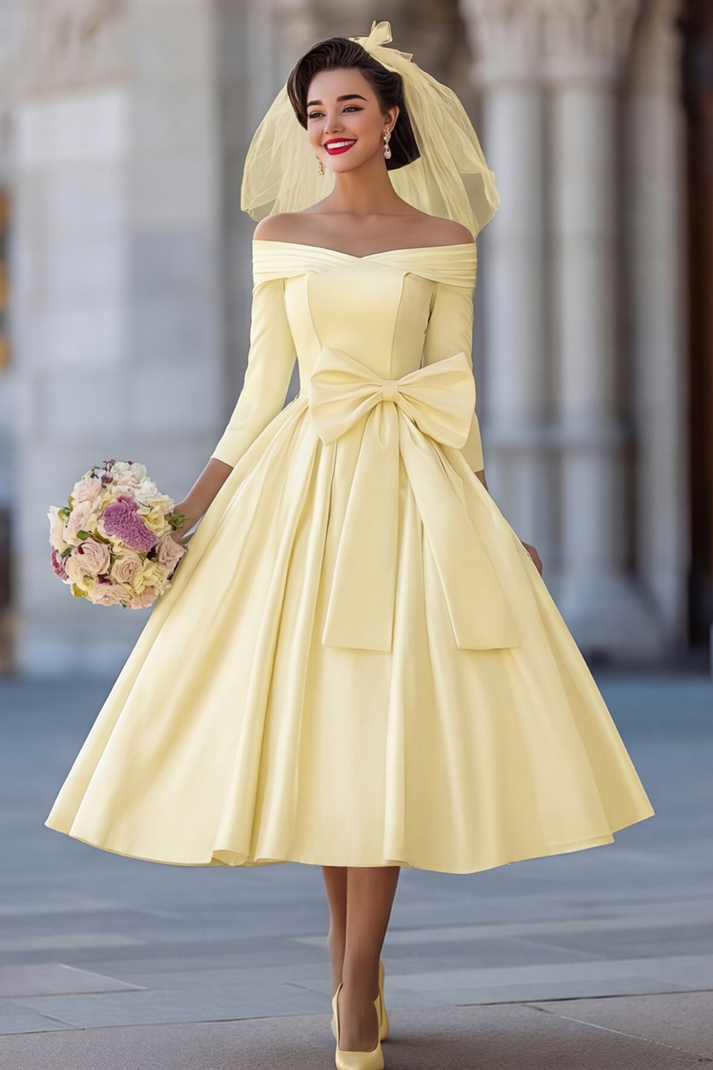 Ivory A Line Off the Shoulder Midi Wedding Reception Dress with Sleeves