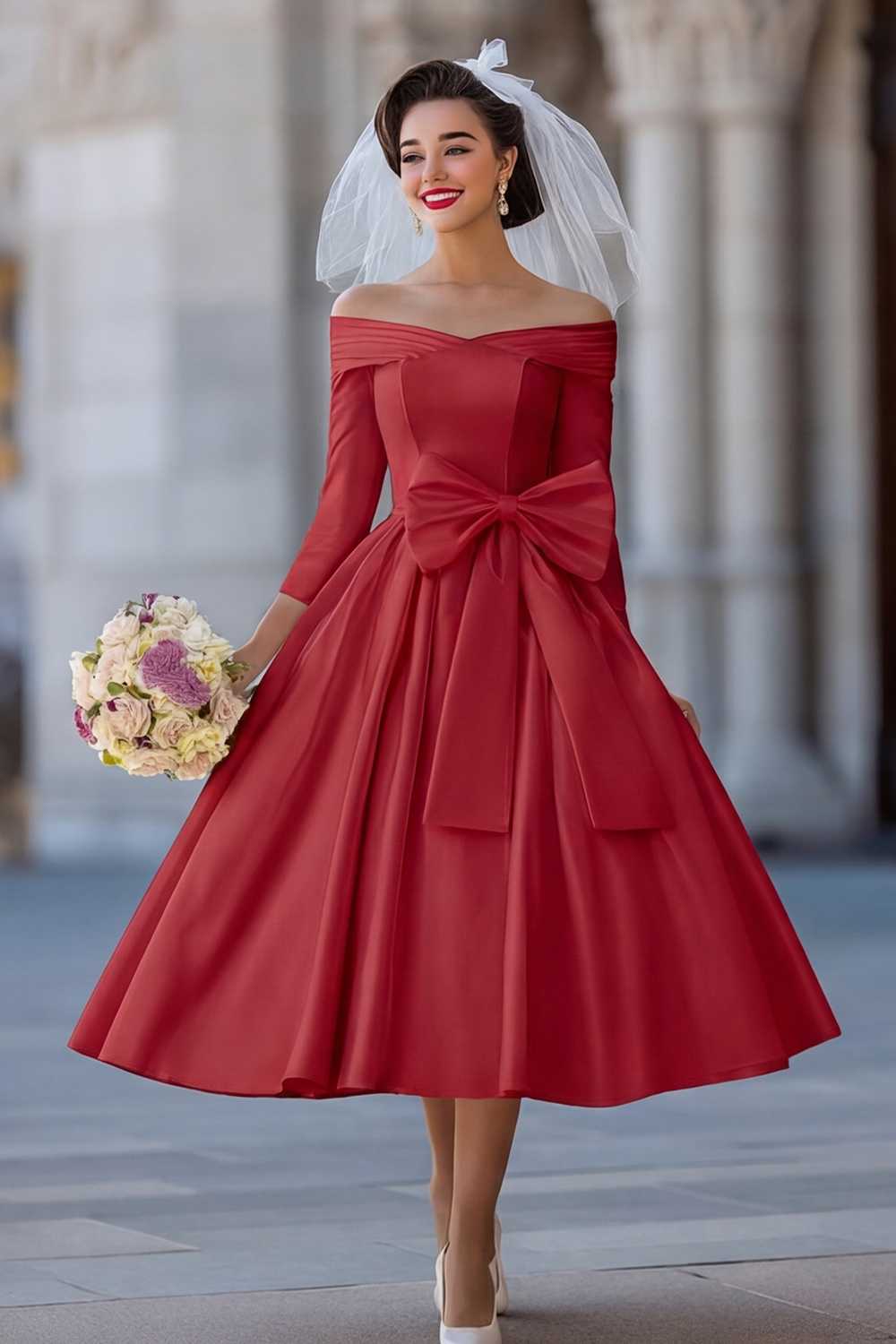 Ivory A Line Off the Shoulder Midi Wedding Reception Dress with Sleeves