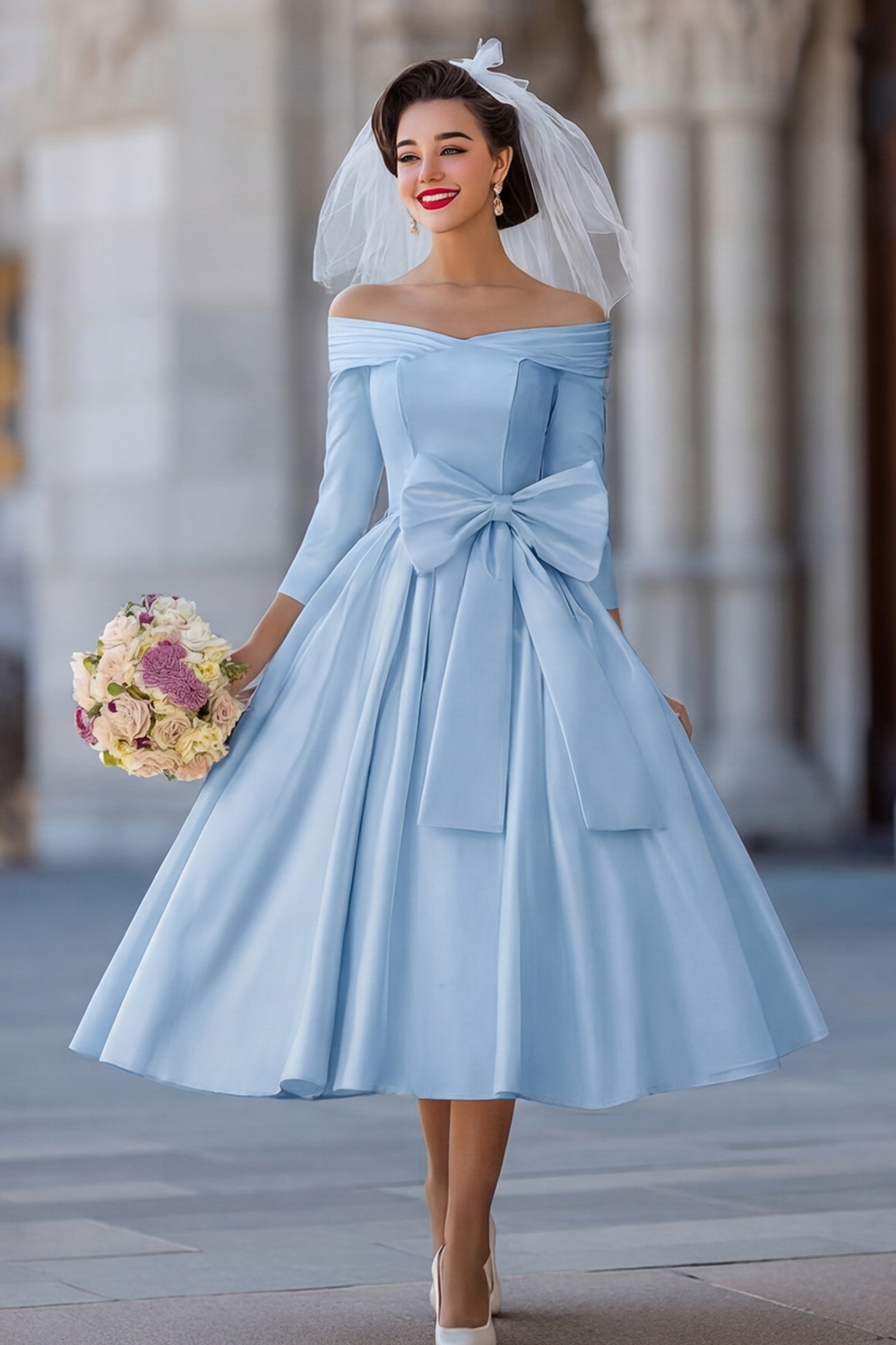 Ivory A Line Off the Shoulder Midi Wedding Reception Dress with Sleeves