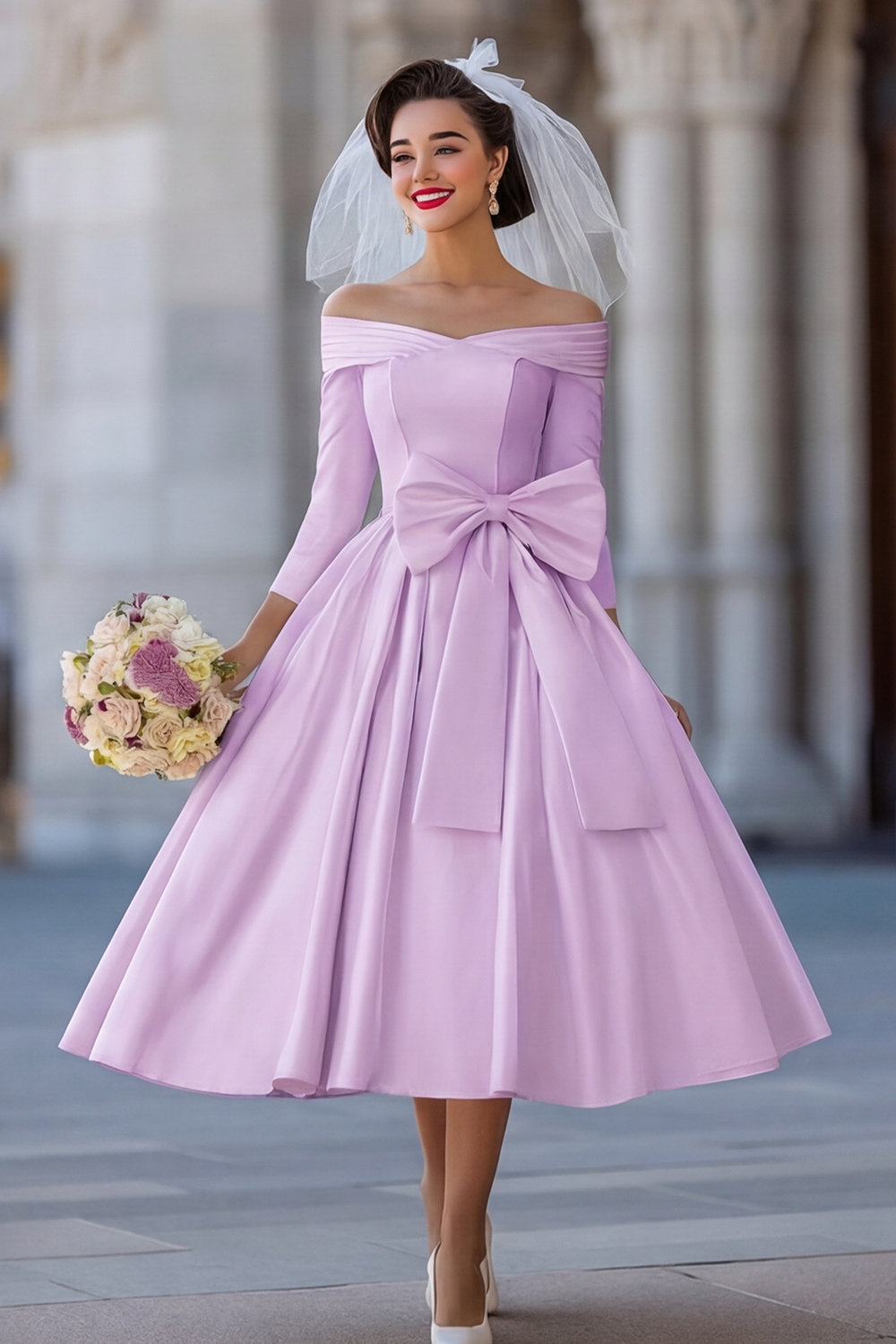 Ivory A Line Off the Shoulder Midi Wedding Reception Dress with Sleeves