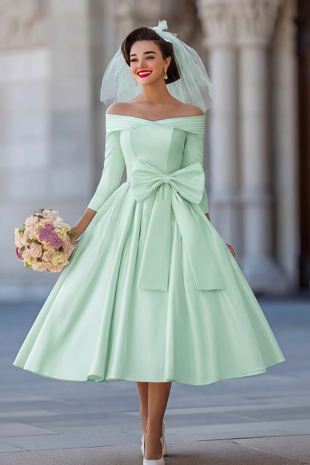 Ivory A Line Off the Shoulder Midi Wedding Reception Dress with Sleeves