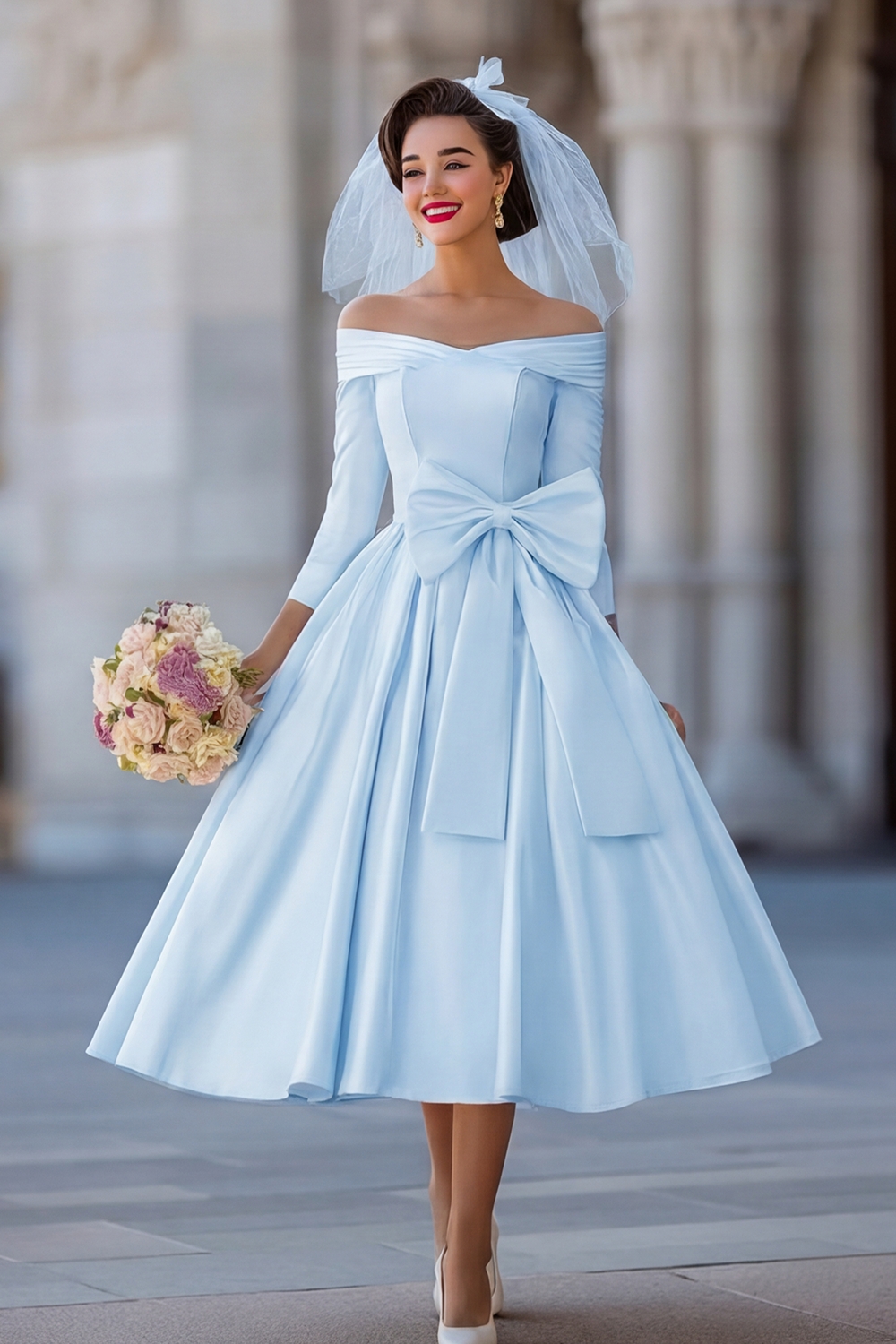 Ivory A Line Off the Shoulder Midi Wedding Reception Dress with Sleeves