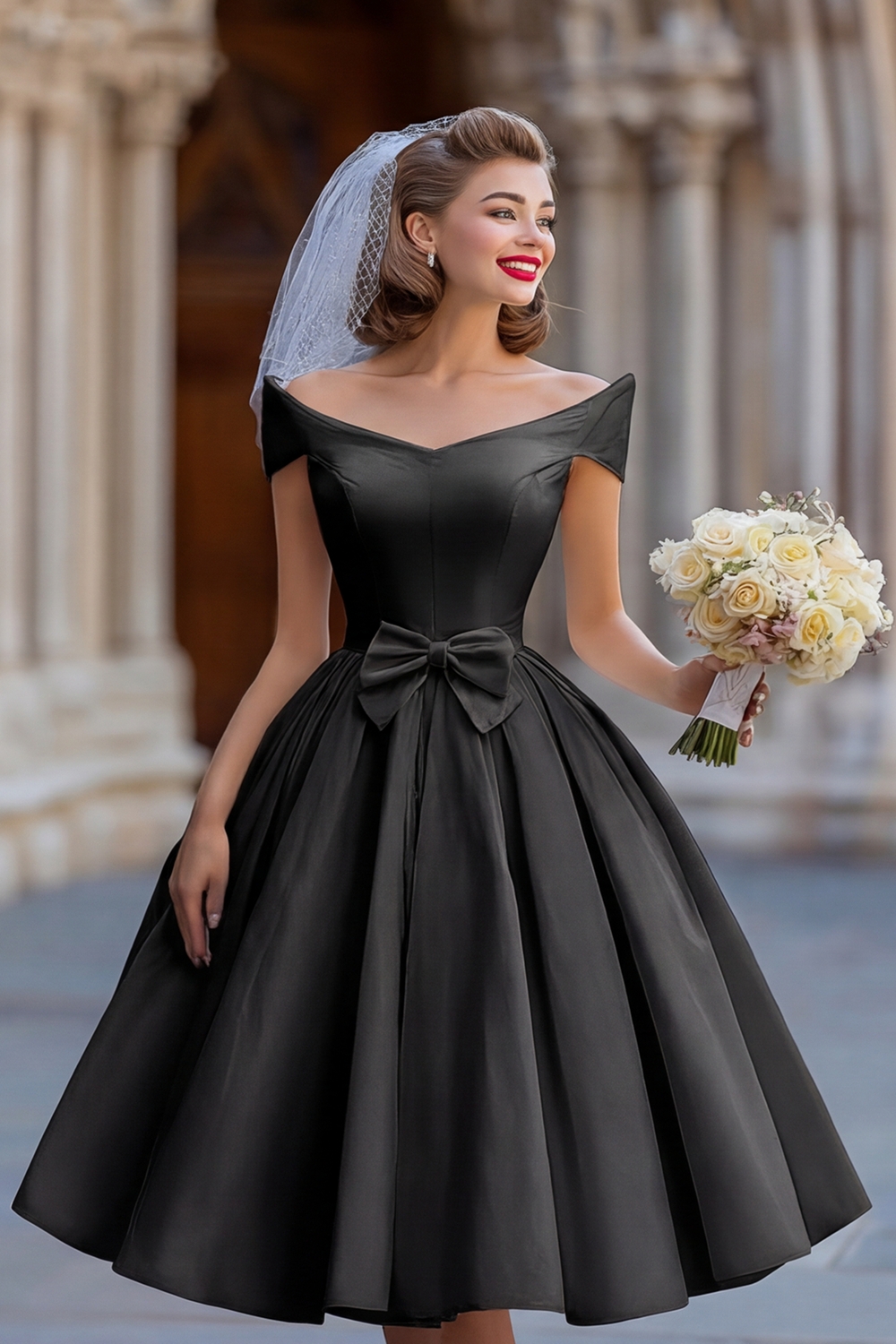 Ivory A Line Off the Shoulder Backless Midi Bridal Shower Dress with Bow