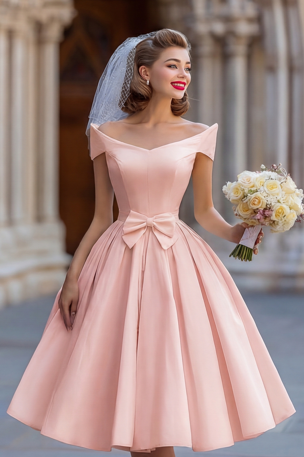 Ivory A Line Off the Shoulder Backless Midi Bridal Shower Dress with Bow