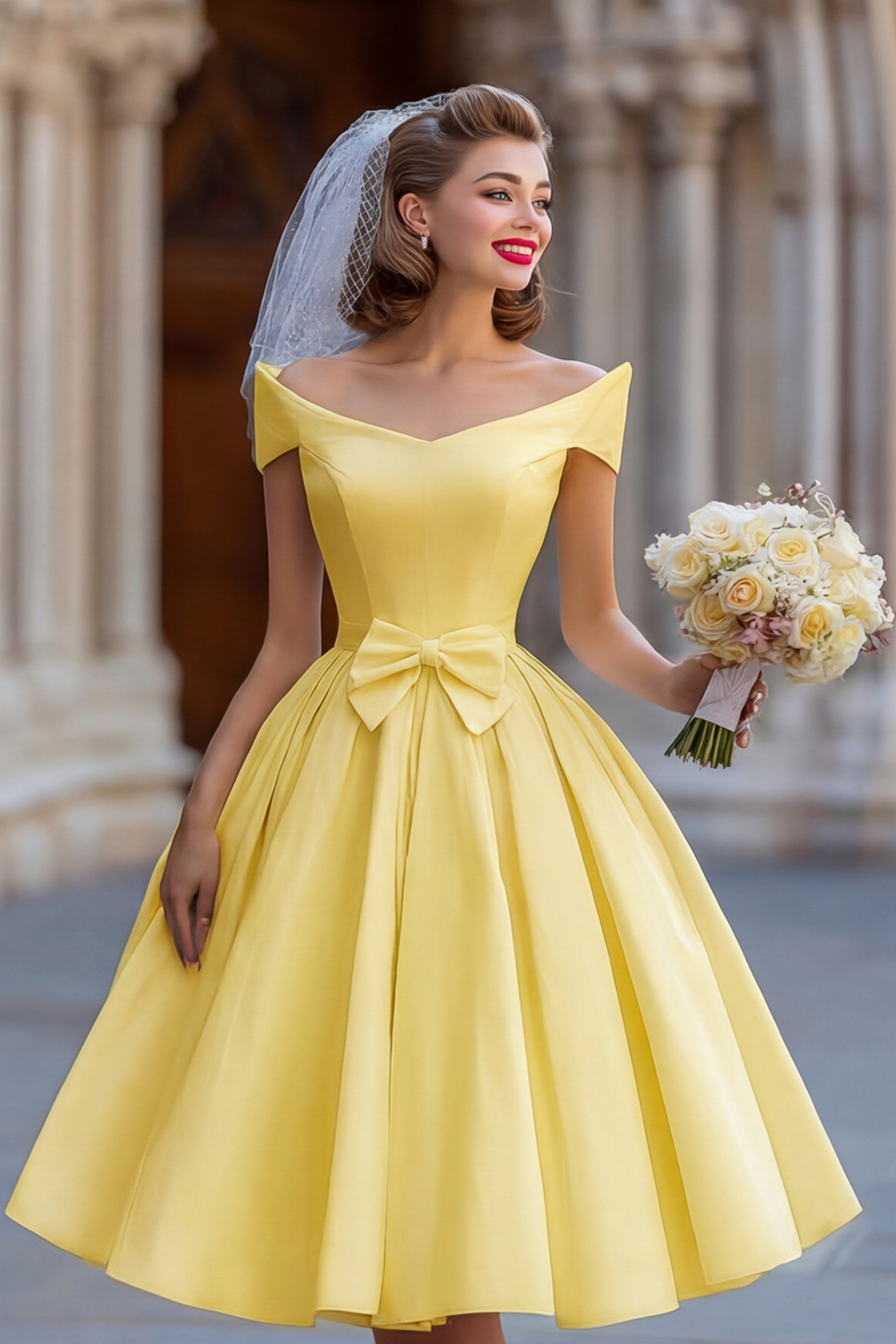 Ivory A Line Off the Shoulder Backless Midi Bridal Shower Dress with Bow