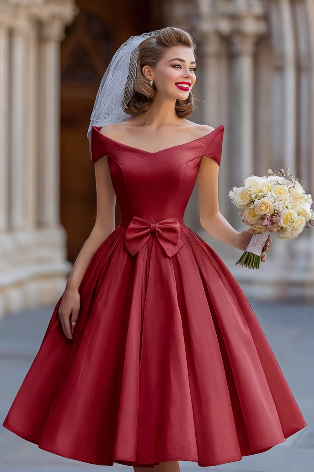 Ivory A Line Off the Shoulder Backless Midi Bridal Shower Dress with Bow