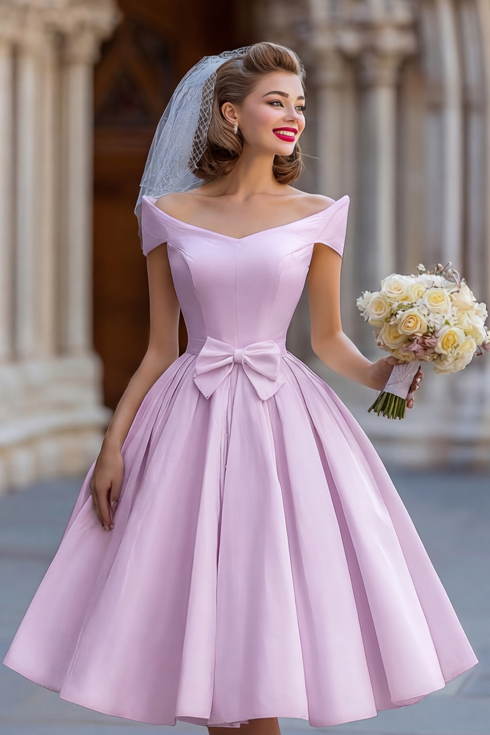 Ivory A Line Off the Shoulder Backless Midi Bridal Shower Dress with Bow