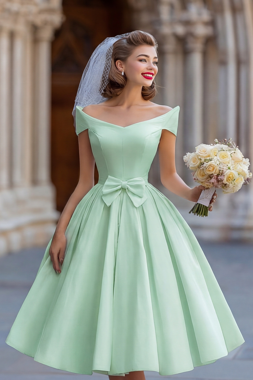Ivory A Line Off the Shoulder Backless Midi Bridal Shower Dress with Bow