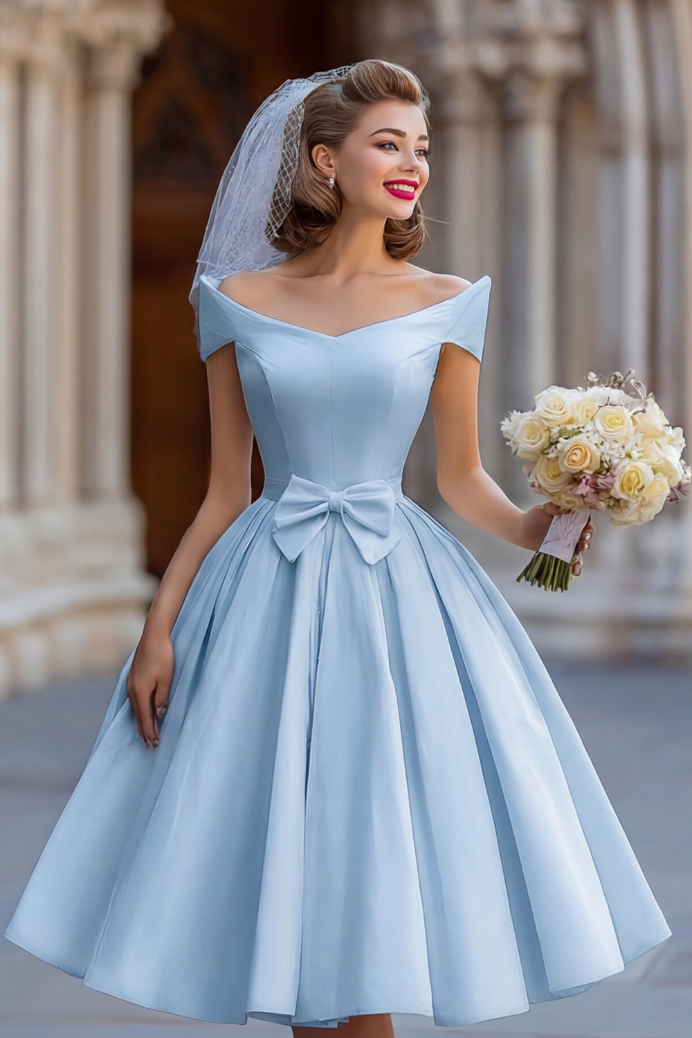 Ivory A Line Off the Shoulder Backless Midi Bridal Shower Dress with Bow