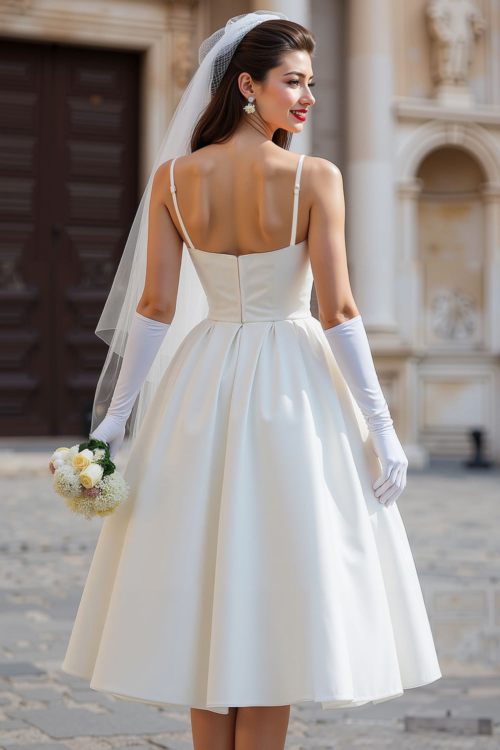 White A Line Spaghetti Straps Satin Midi Wedding Reception Dress with Bow