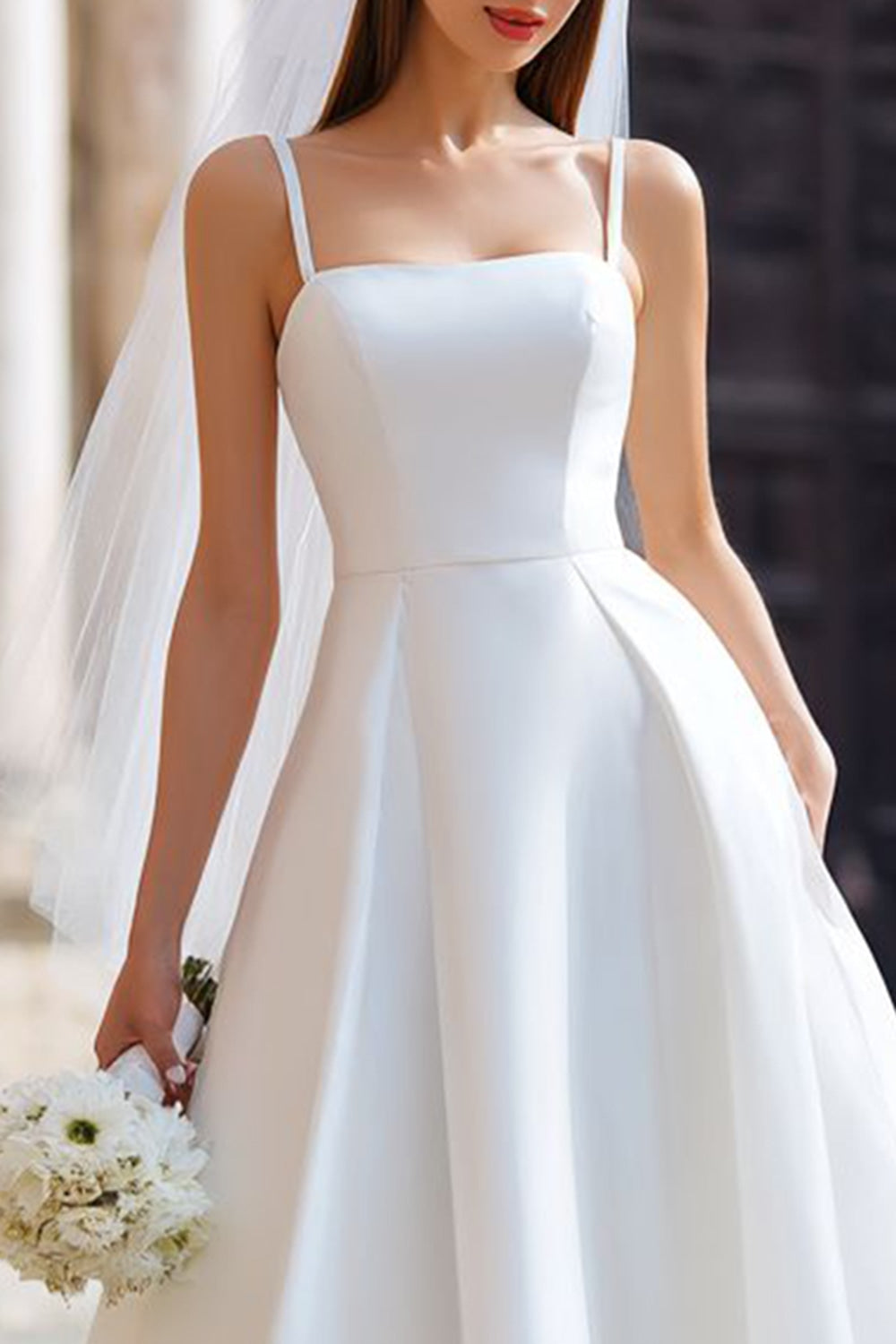 White A Line Spaghetti Straps Satin Midi Wedding Reception Dress with Bow