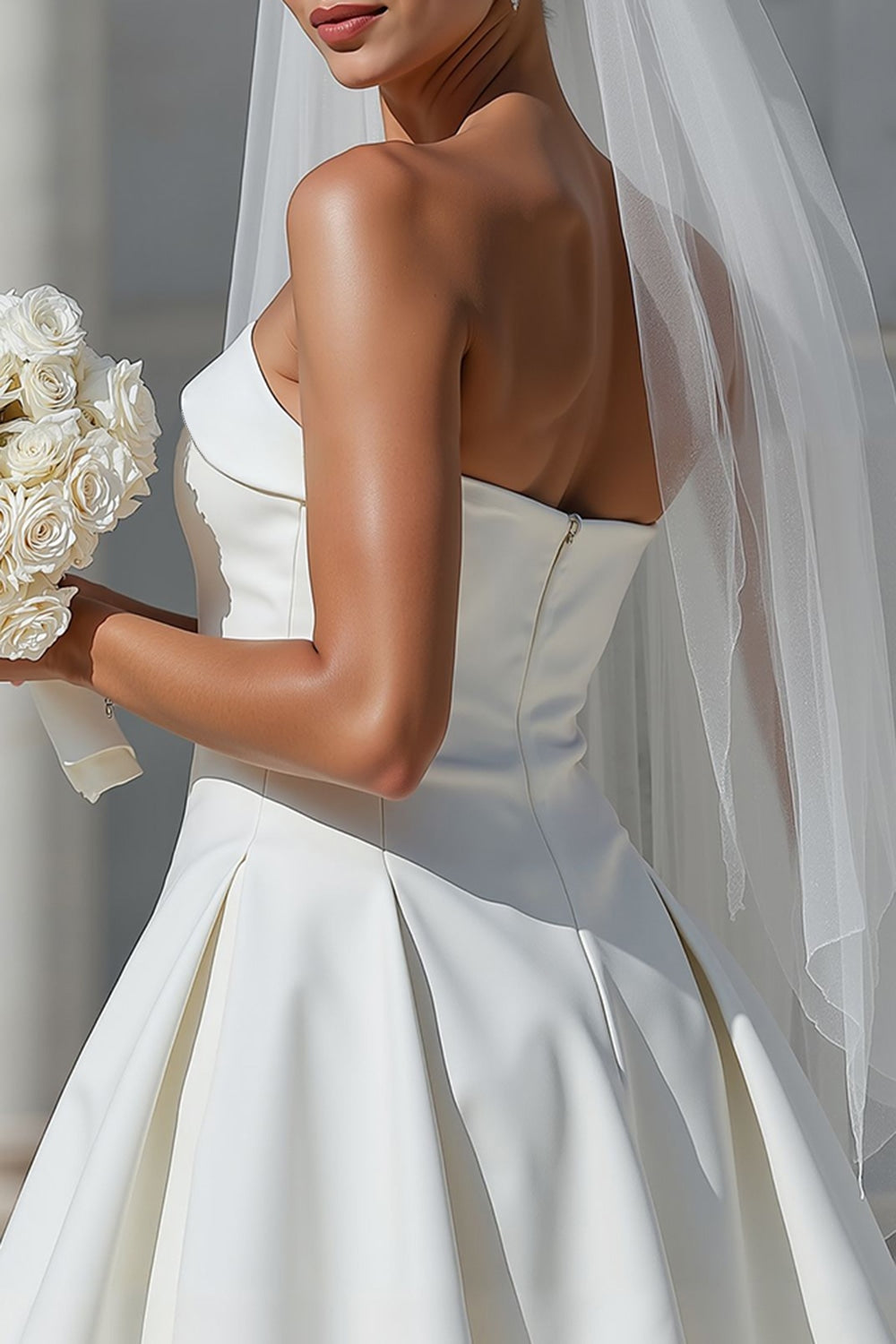 White Satin Strapless A Line Short Bridal Shower Dress with Bow