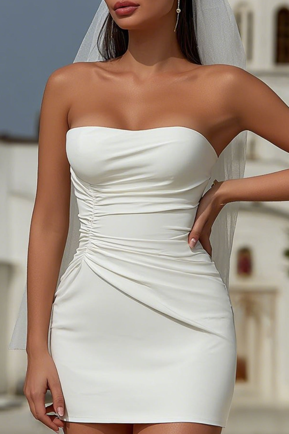 White Bodycon Satin Strapless Mini Bridal Shower Dress