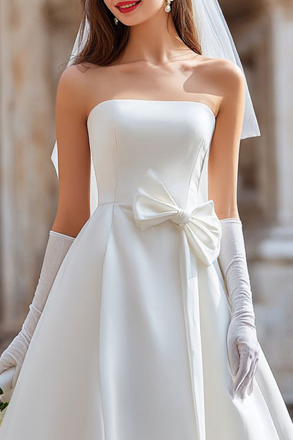 White Satin Strapless A Line Midi Bridal Shower Dress with Bow