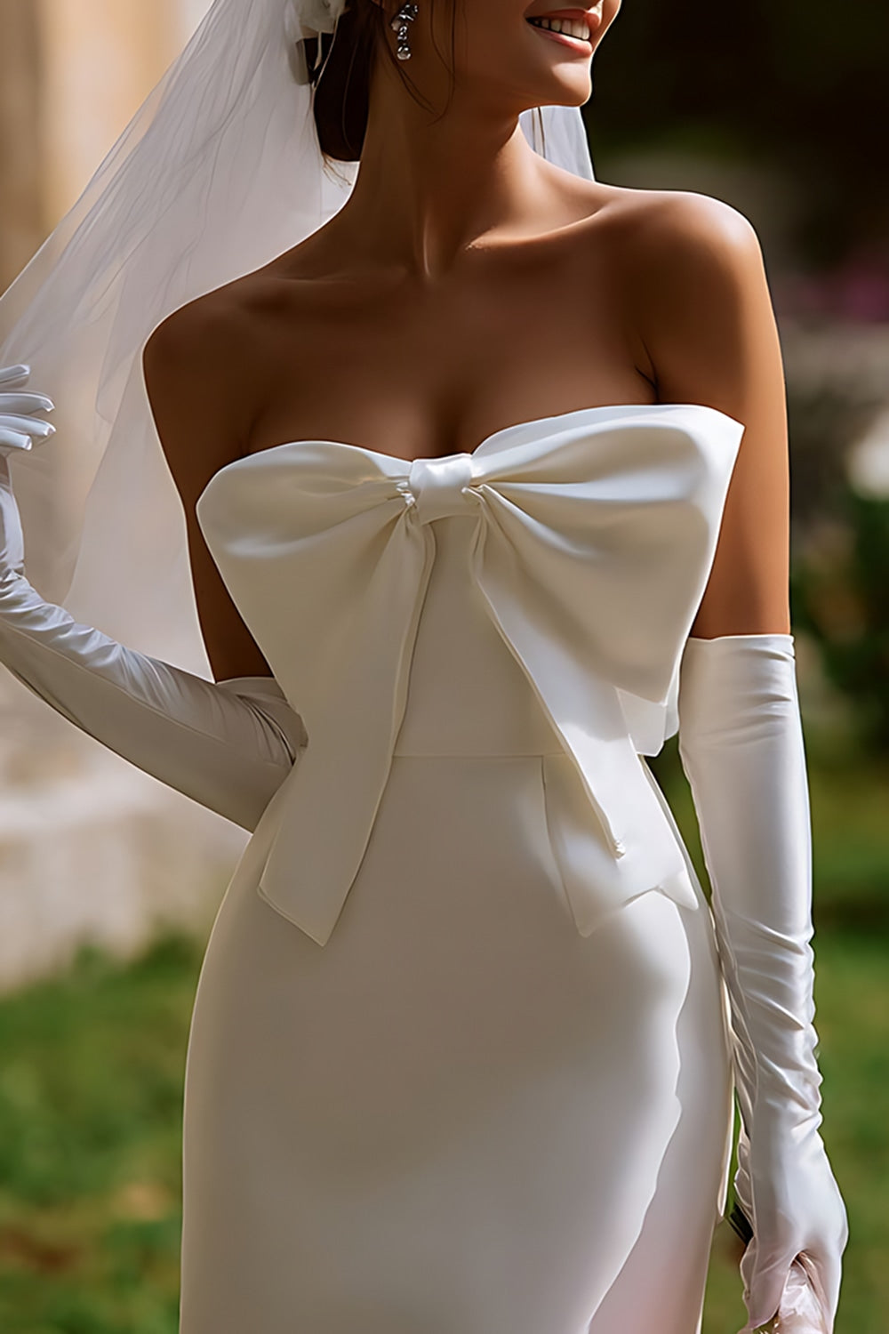 White Satin Bodycon Strapless Mini Bridal Shower Dress with Bow