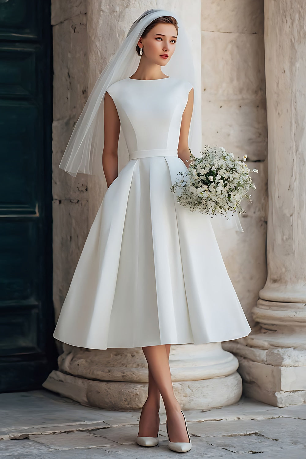 White Satin A-Line Bateau Neck Backless Midi Bridal Shower Dress