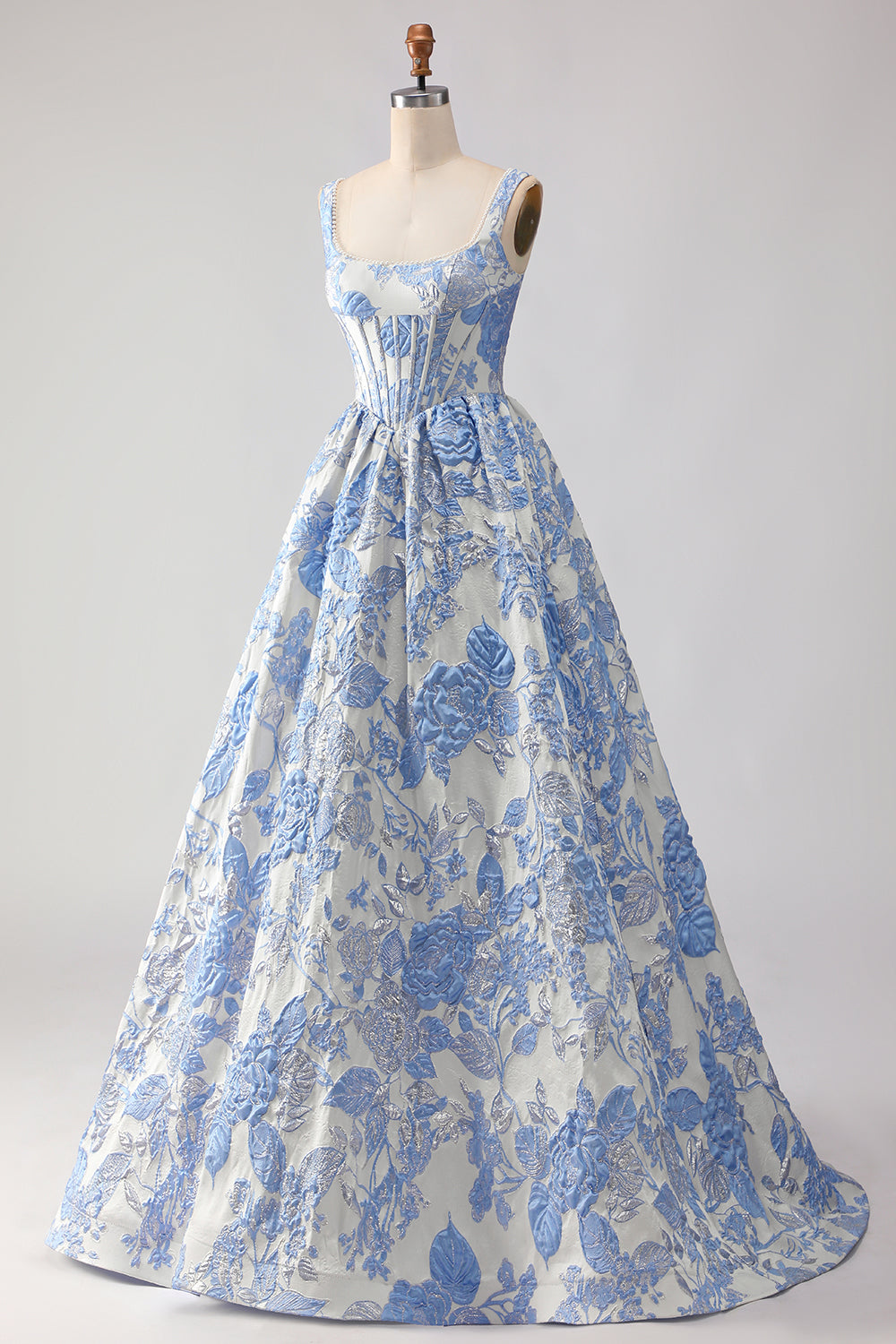Floral Light Blue Jacquard Ball Gown Scoop Long Corset Prom Dress