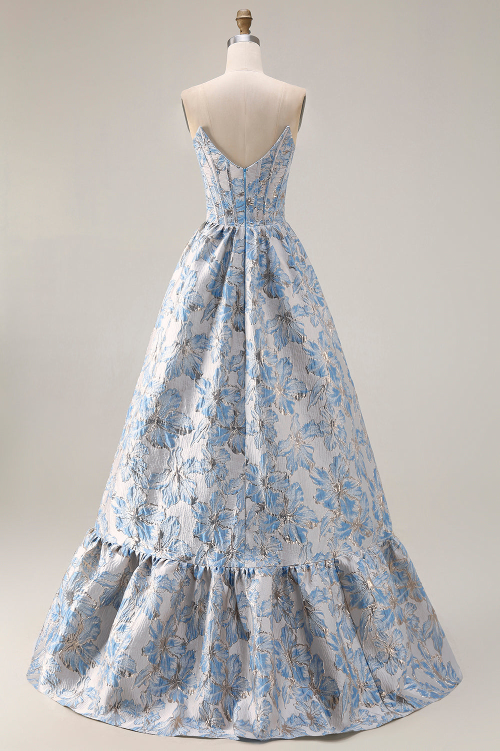 Floral Light Blue Ball Gown Jacquard Long Corset Prom Dress