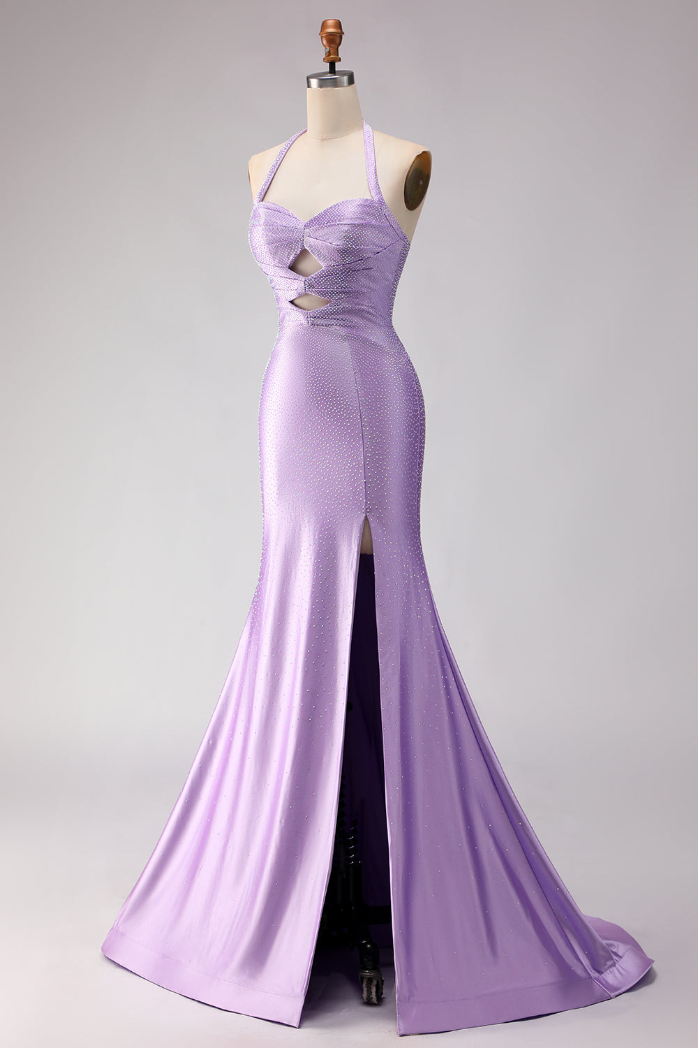 Lilac Satin Halter Beaded Lace-Up Back Long Mermaid Prom Dress with Slit