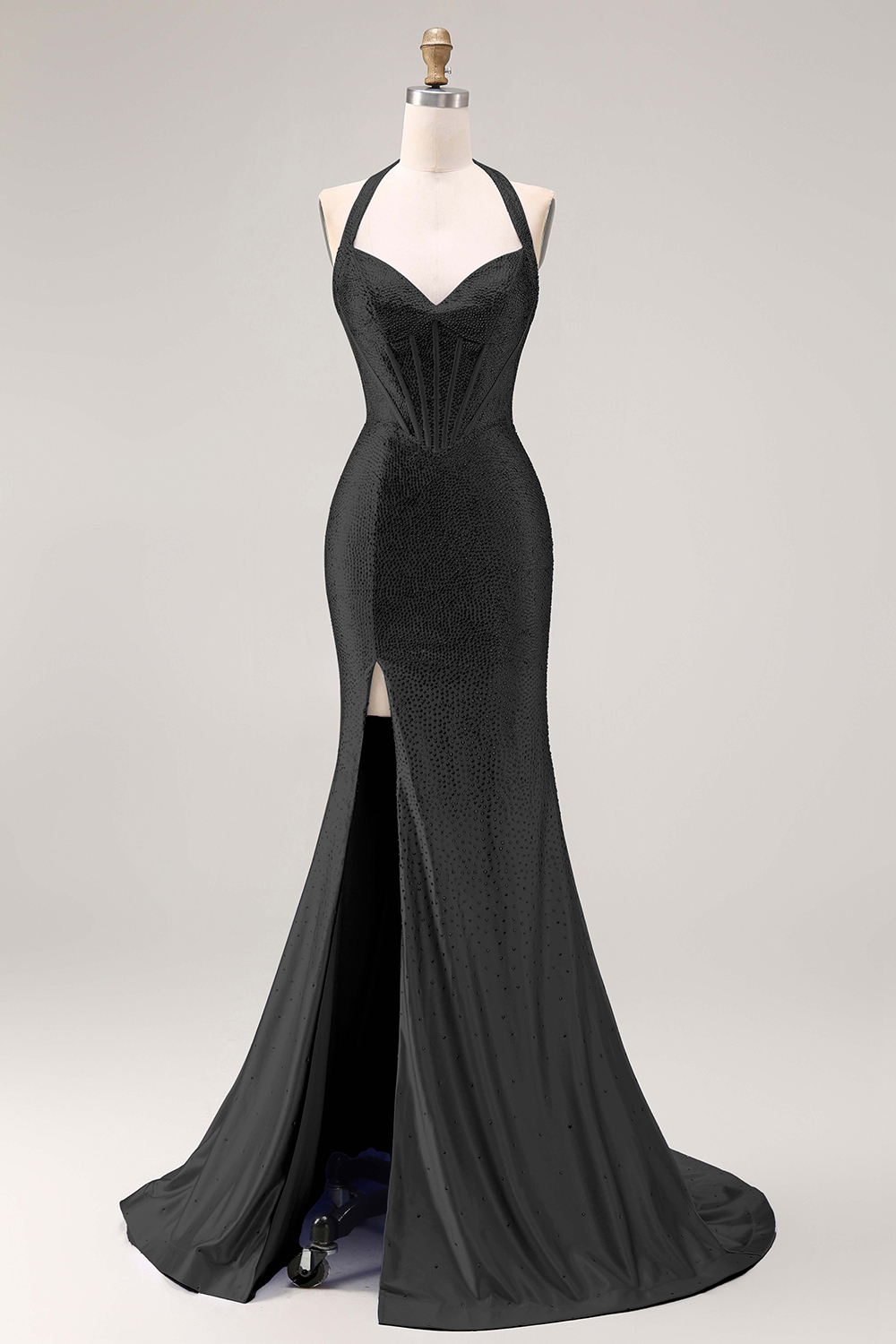 Sparkly Light Blue Mermaid Corset Long Beaded Prom Dress with Slit