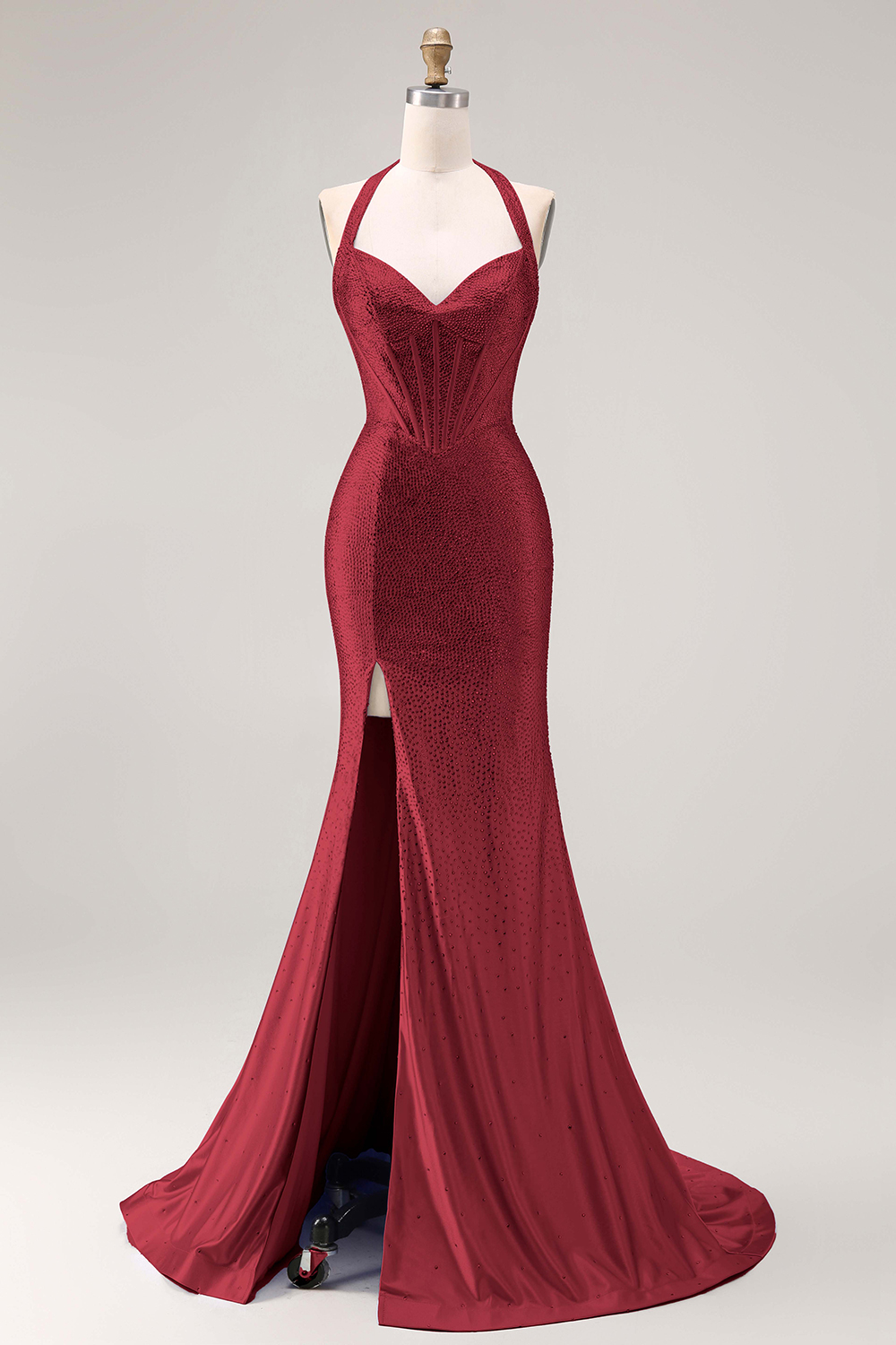 Sparkly Light Blue Mermaid Corset Long Beaded Prom Dress with Slit