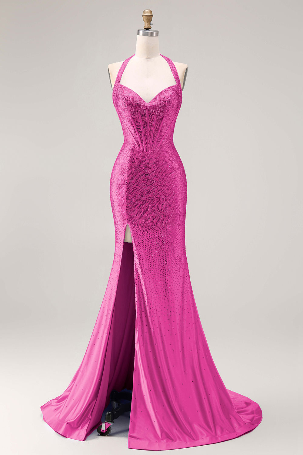 Sparkly Light Blue Mermaid Corset Long Beaded Prom Dress with Slit