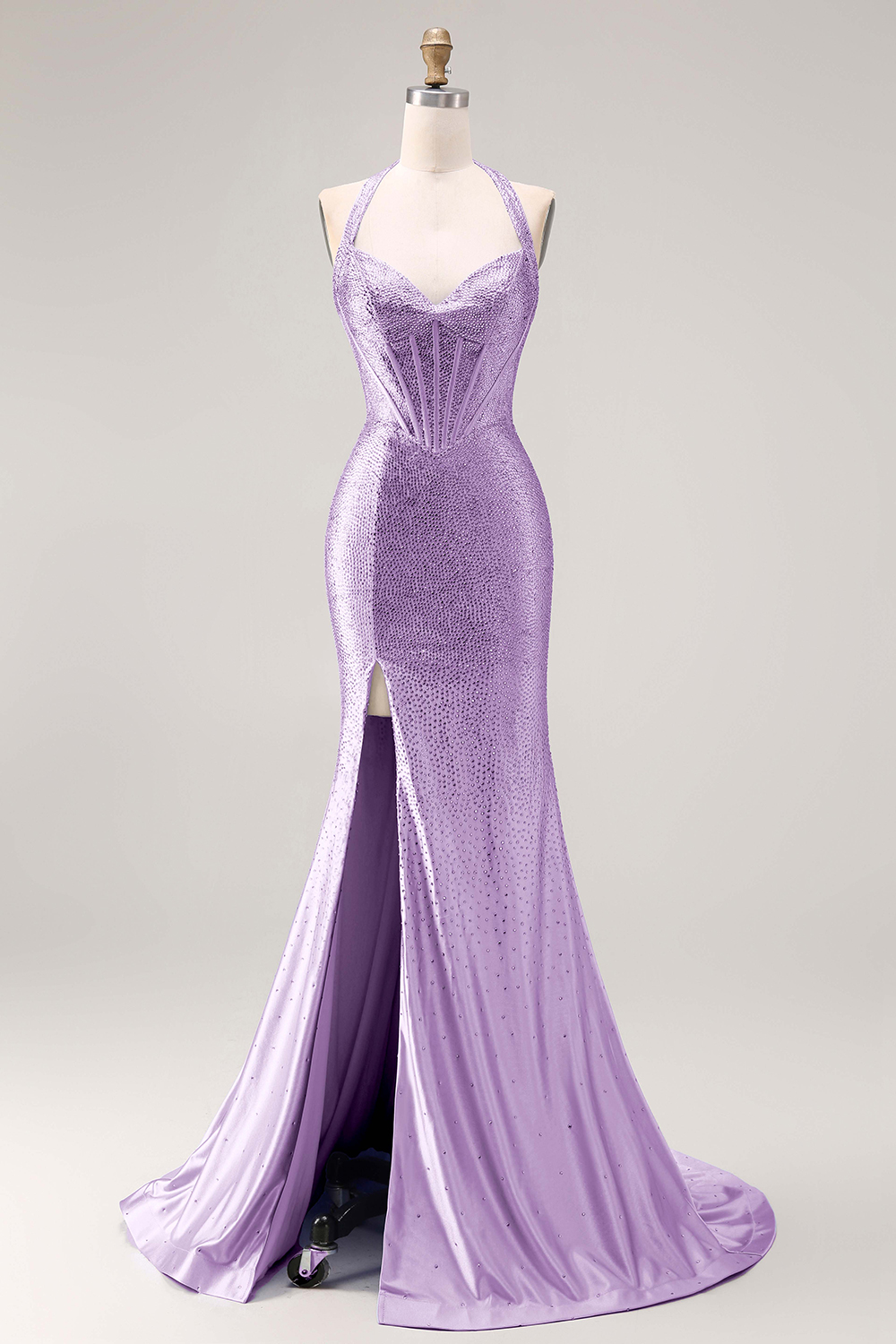 Sparkly Light Blue Mermaid Corset Long Beaded Prom Dress with Slit