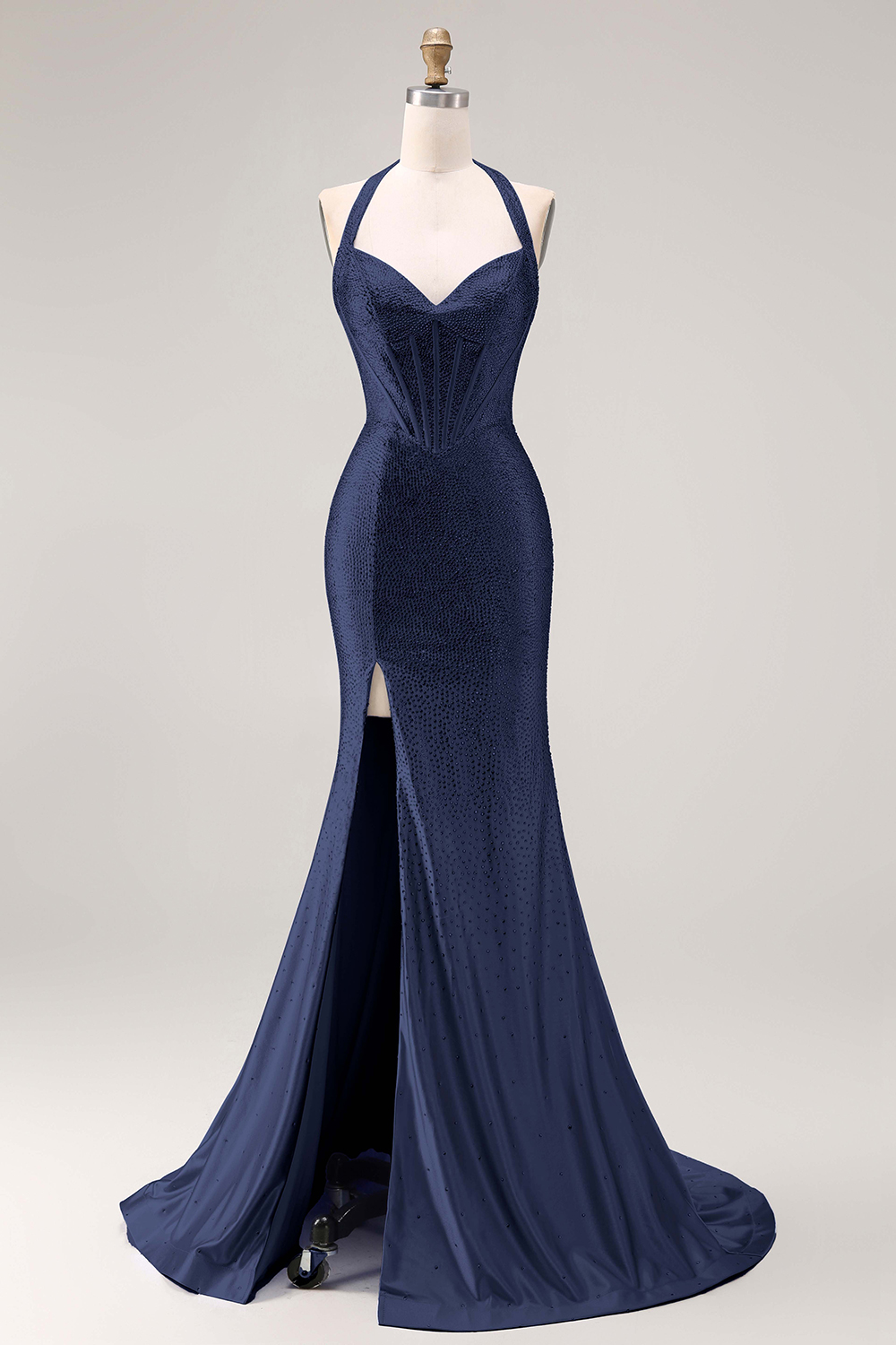 Sparkly Light Blue Mermaid Corset Long Beaded Prom Dress with Slit