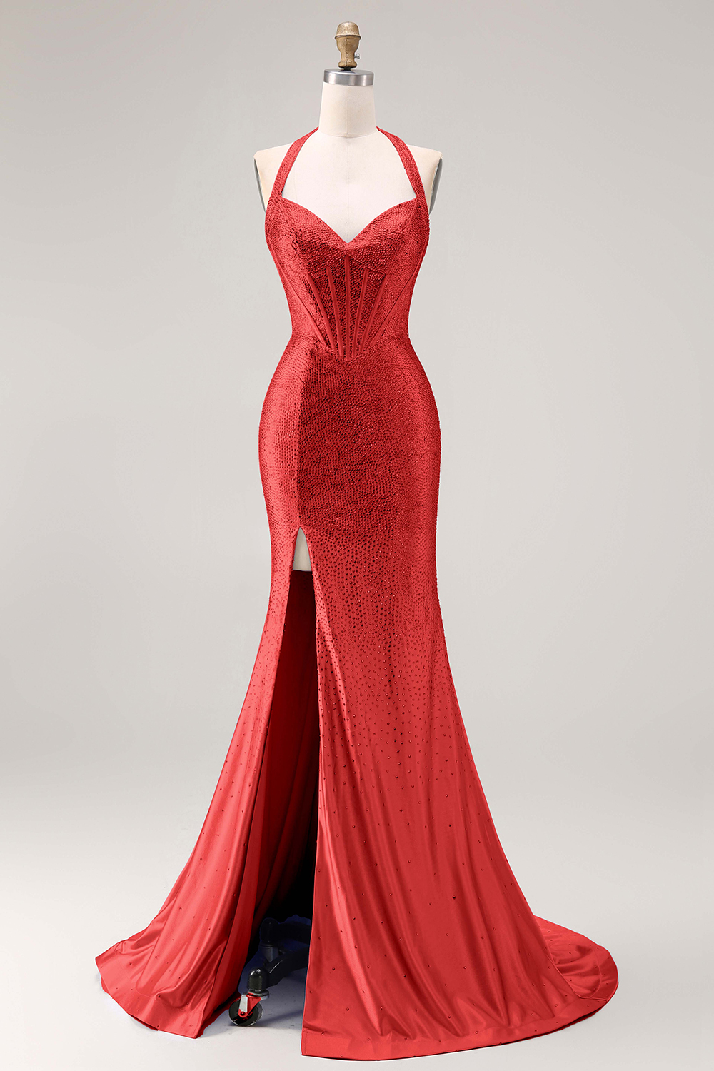 Sparkly Light Blue Mermaid Corset Long Beaded Prom Dress with Slit