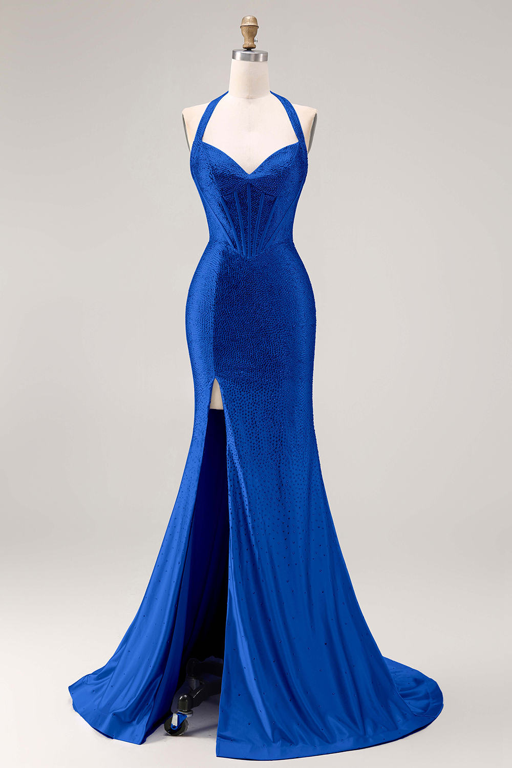 Sparkly Light Blue Mermaid Corset Long Beaded Prom Dress with Slit