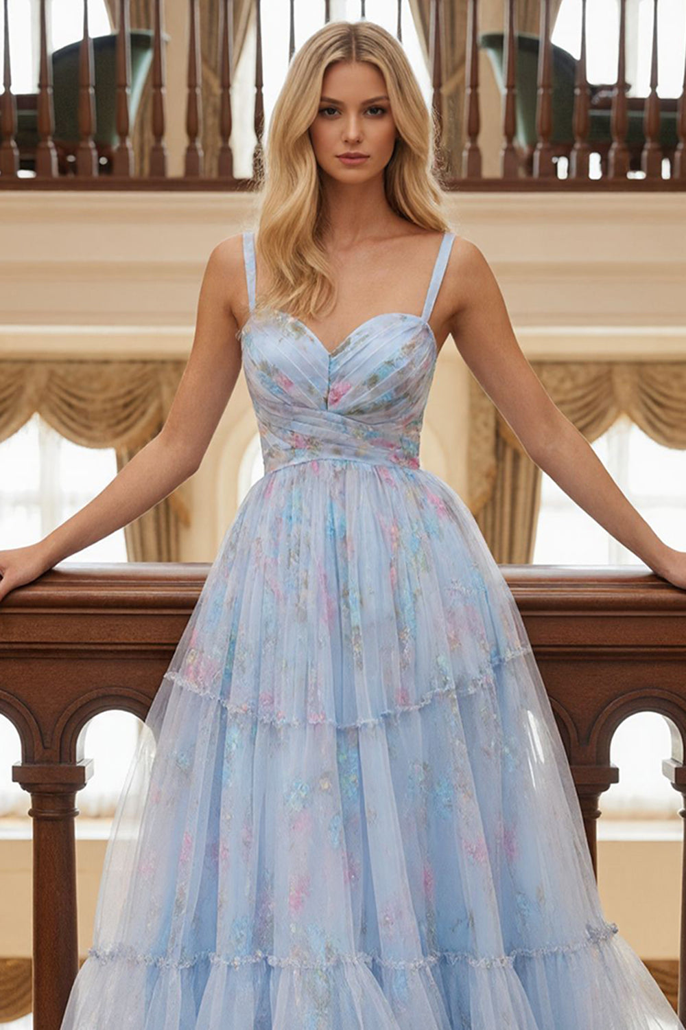 Floral Blue A Line Tulle Spaghetti Straps Long Prom Dress