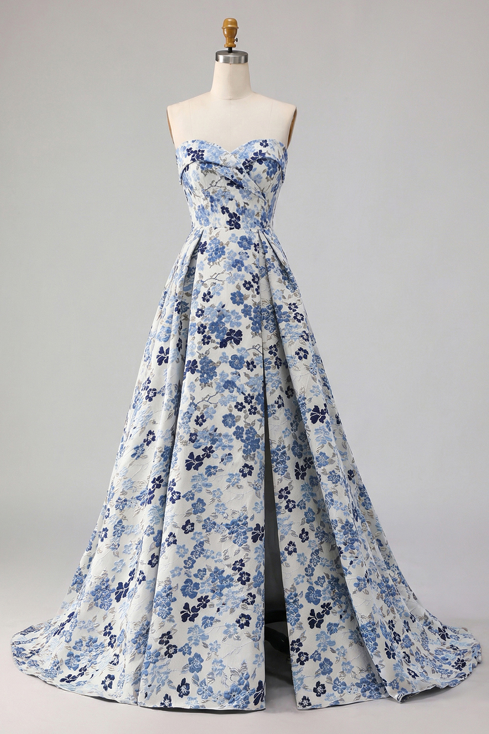 Floral Blue Satin Strapless A Line Long Prom Dress with Slit