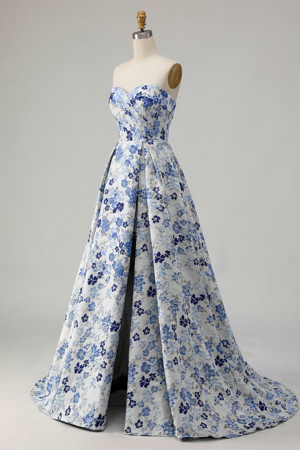 Blue Floral Satin A Line Strapless Long Prom Dress with Slit