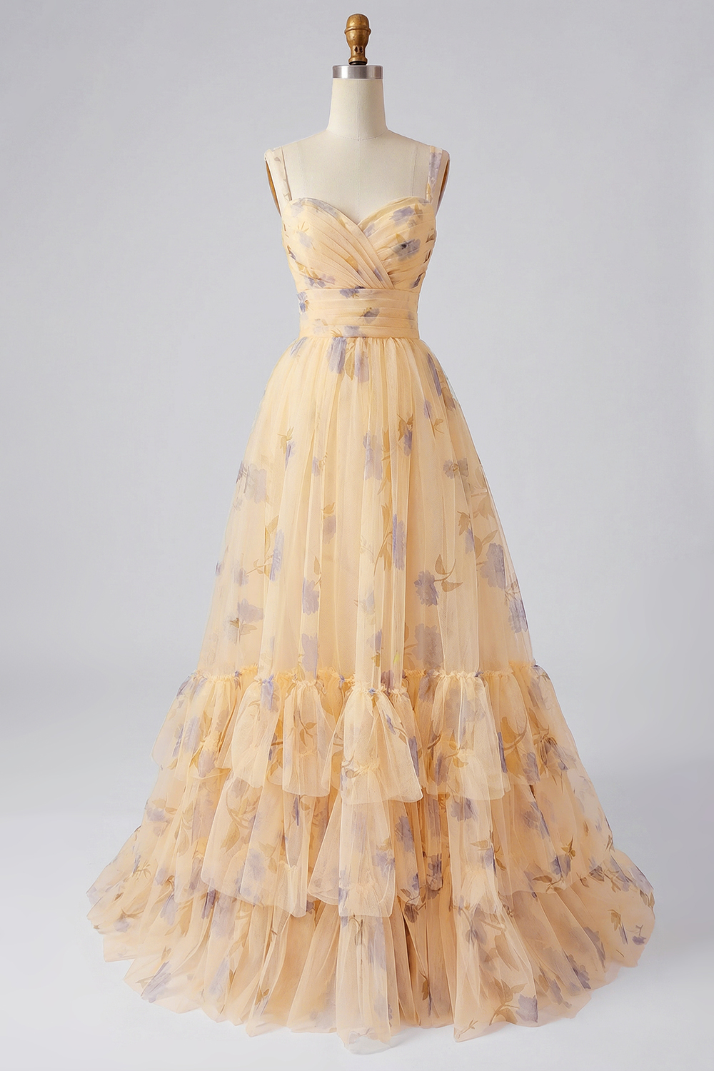 Floral Yellow A-Line Tulle Spaghetti Straps Long Prom Dress with Ruffles
