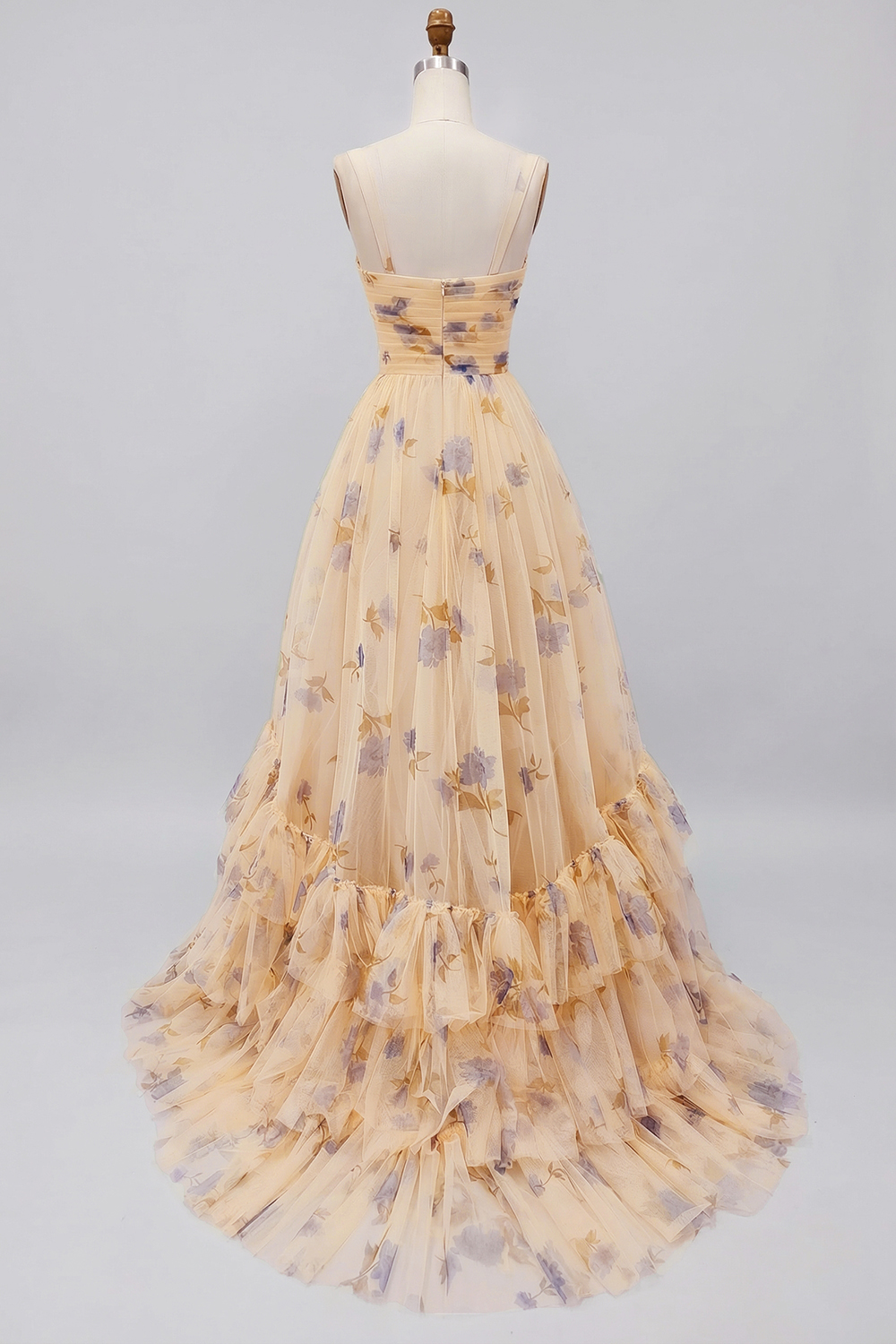 Floral Yellow A-Line Tulle Spaghetti Straps Long Prom Dress with Ruffles