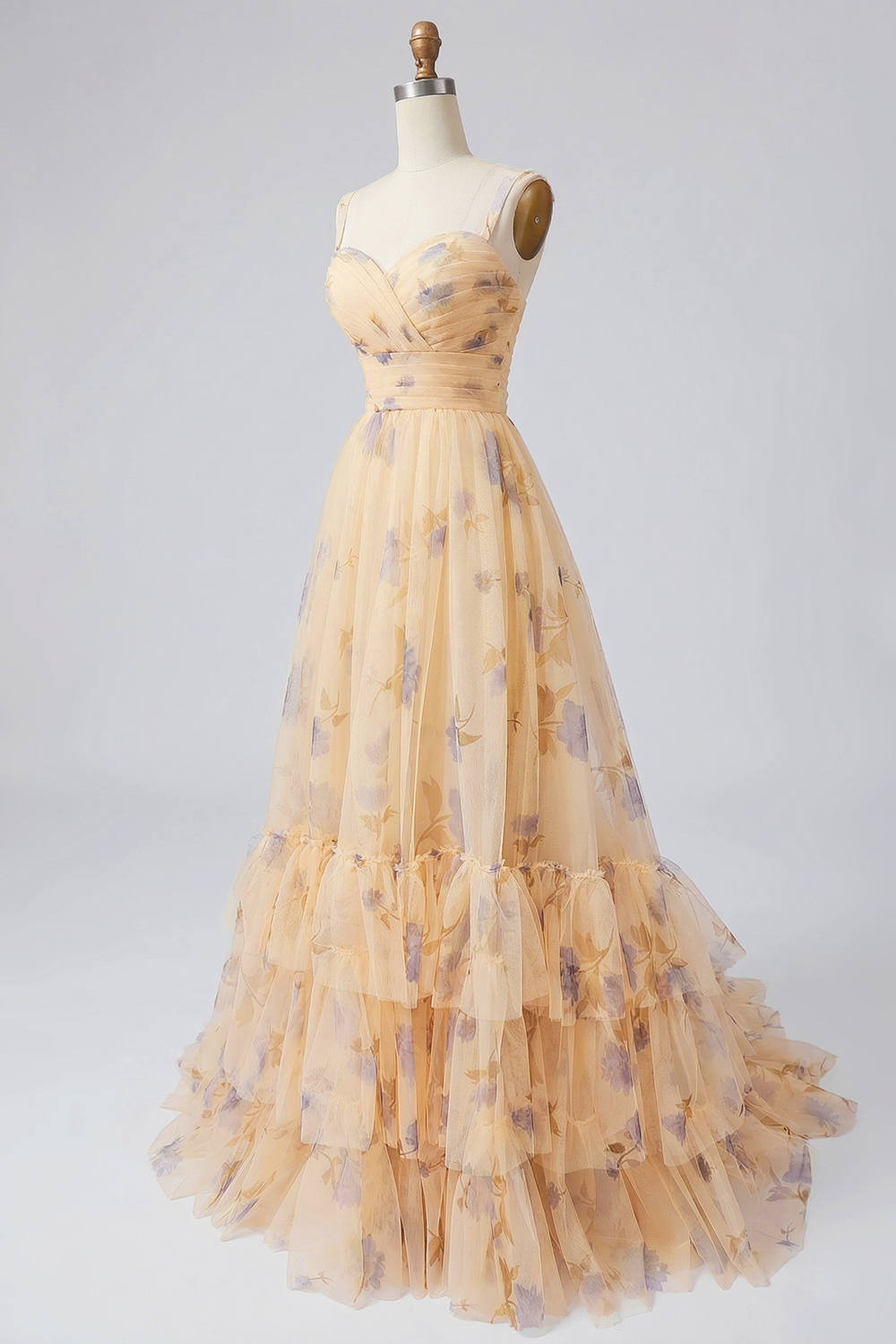 Floral Yellow A-Line Tulle Spaghetti Straps Long Prom Dress with Ruffles