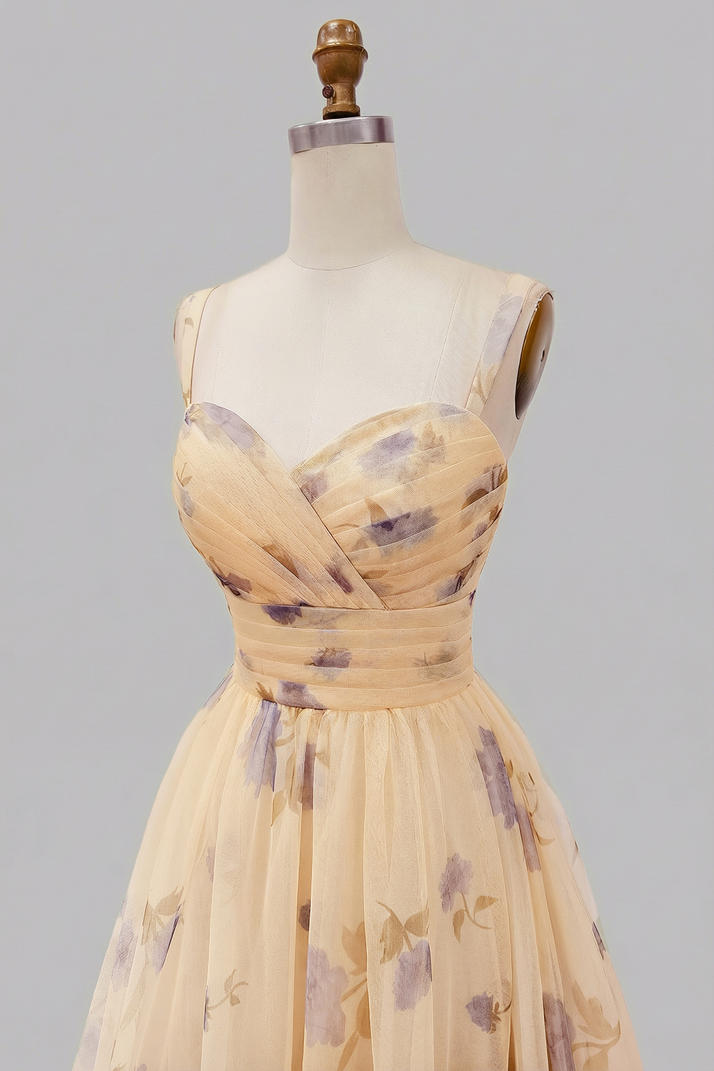 Floral Yellow A-Line Tulle Spaghetti Straps Long Prom Dress with Ruffles