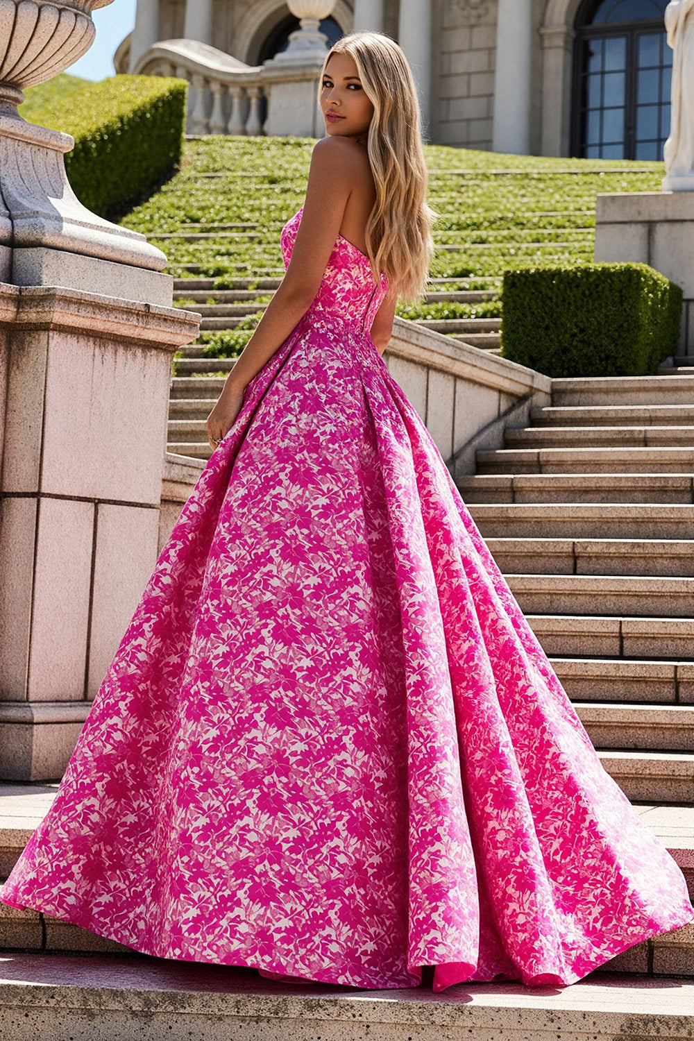 Floral Fuchsia Ball Gown Strapless Long Prom Dress with Bow