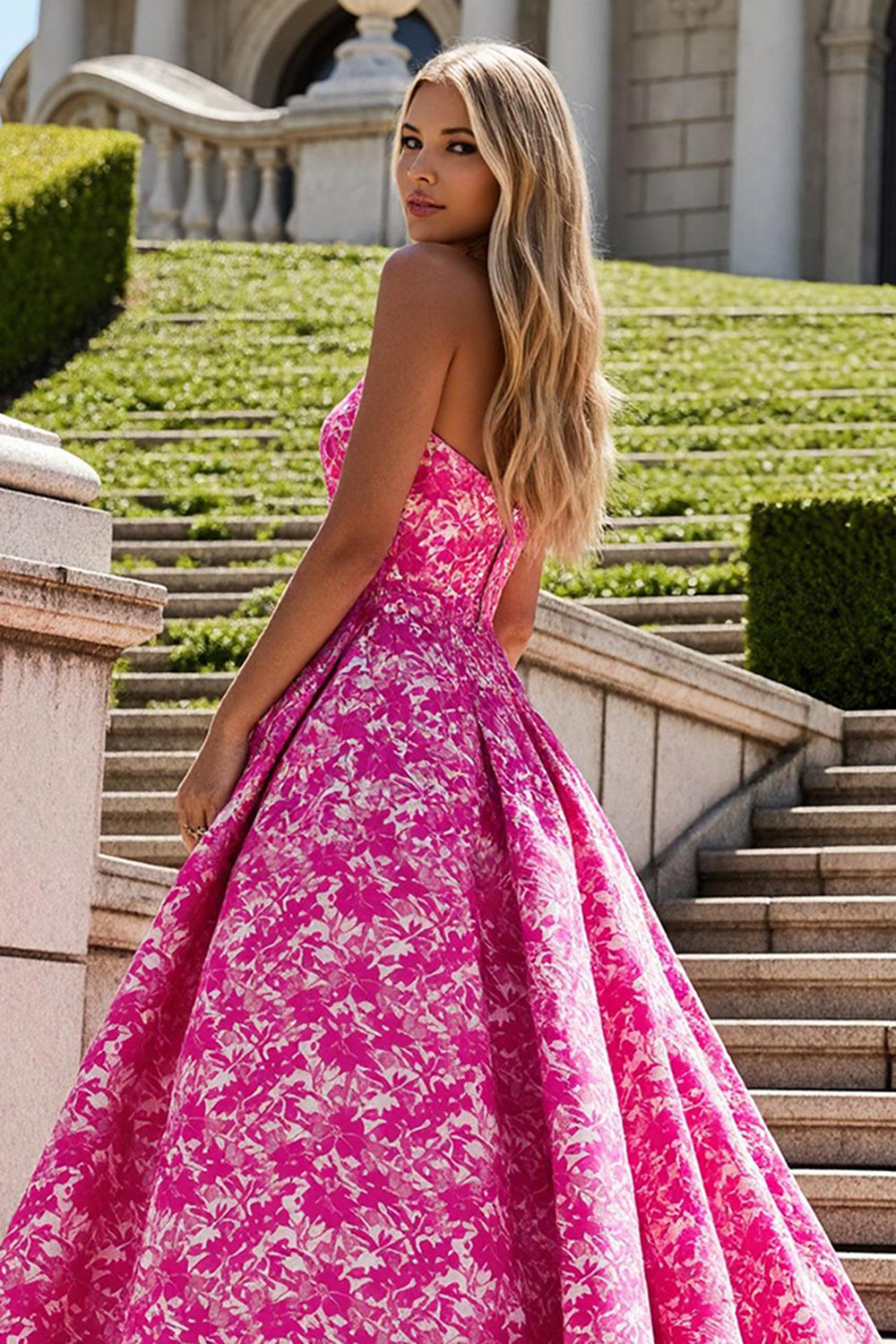 Floral Fuchsia Ball Gown Strapless Long Prom Dress with Bow