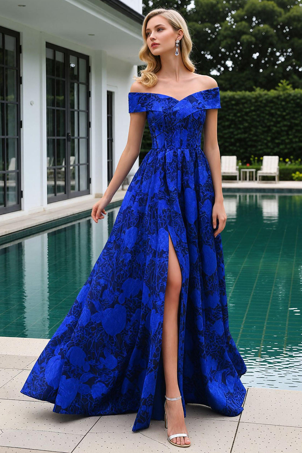 Floral Royal Blue Off the Shoulder A Line Long Prom Dress with Slit