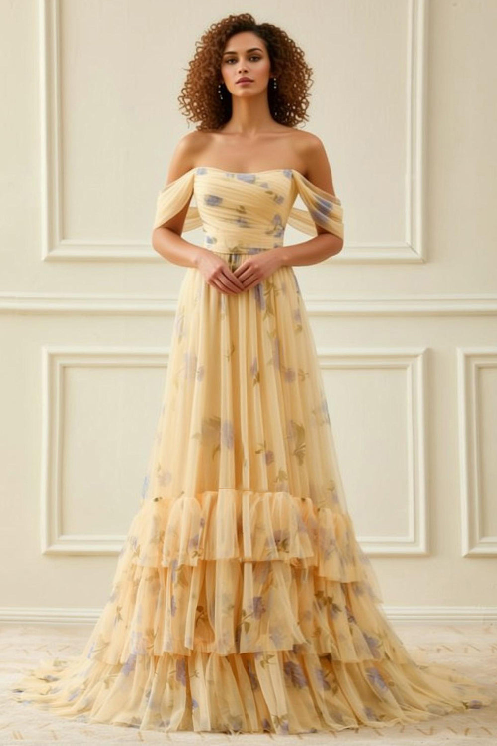 Floral Yellow A-Line Tiered Long Tulle Prom Dress with Ruffles