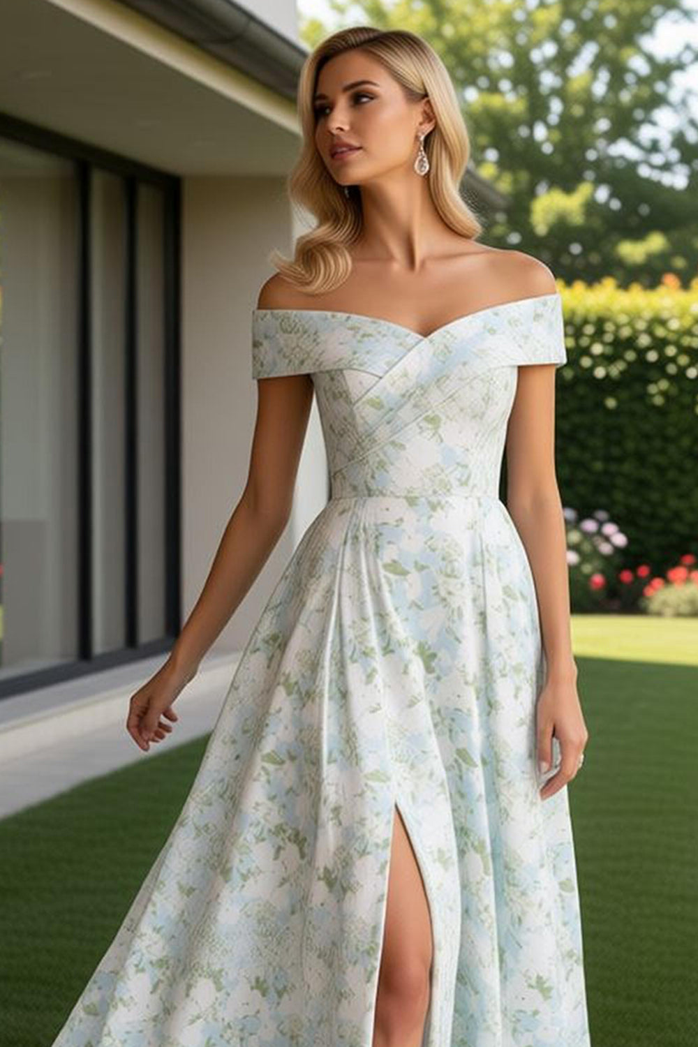 Blue and White Flower Off the Shoulder A Line Long Prom Dress with Slit