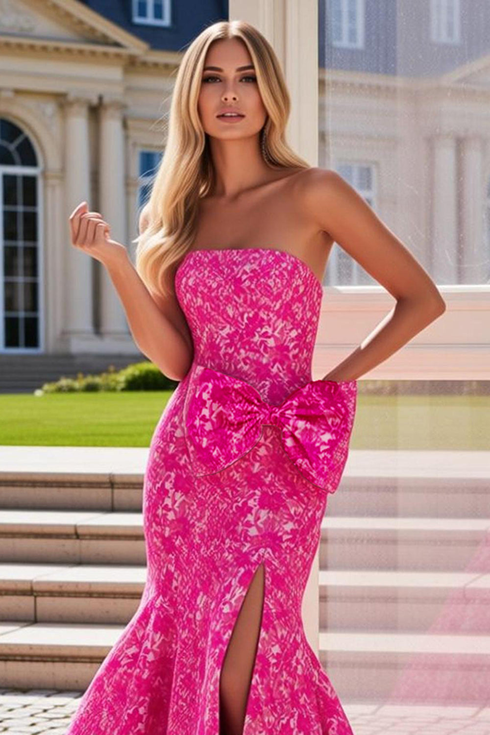 Floral Fuchsia Strapless Long Mermaid Prom Dress with Bow
