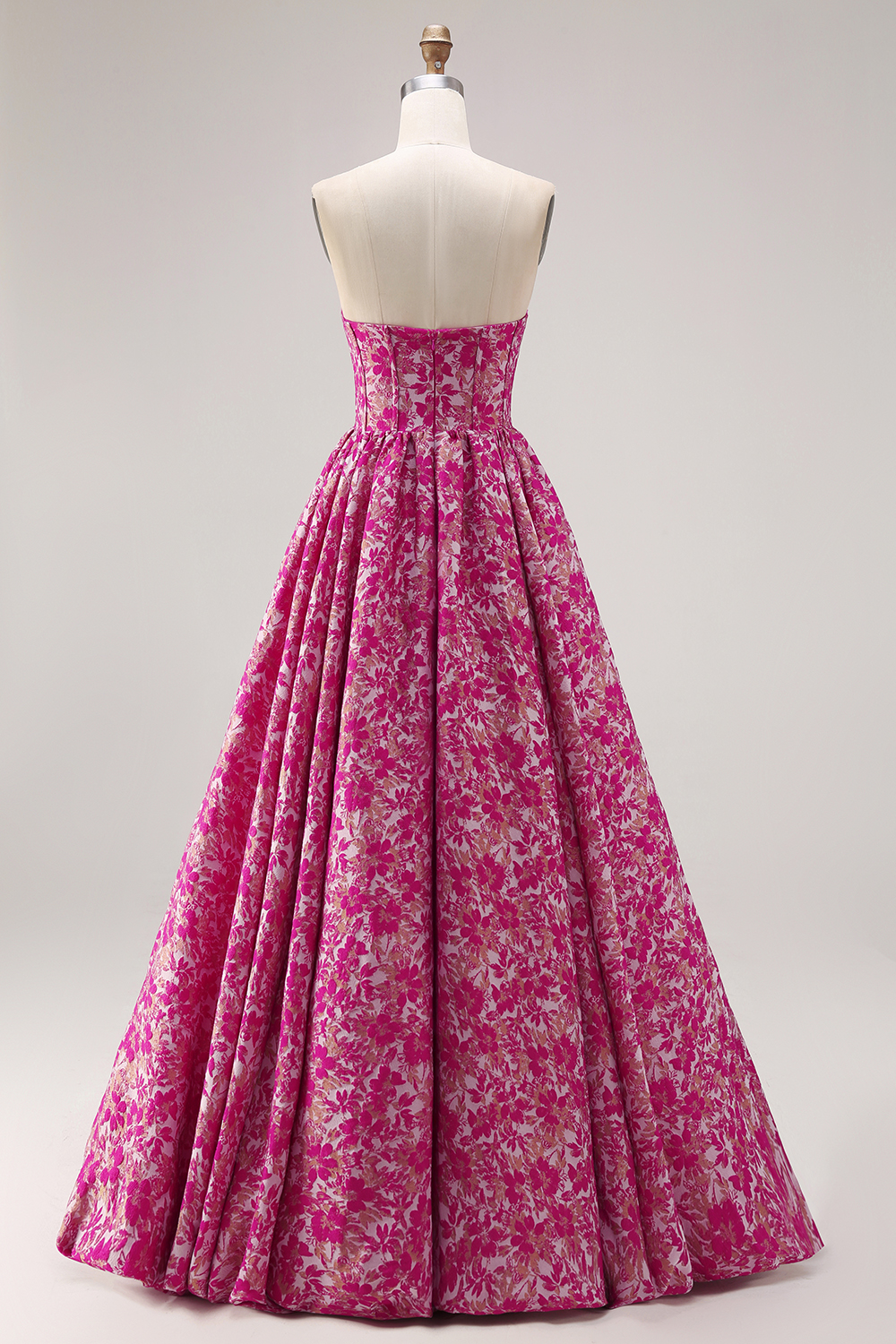 Fuchsia Floral Ball Gown Strapless Long Corset Prom Dress