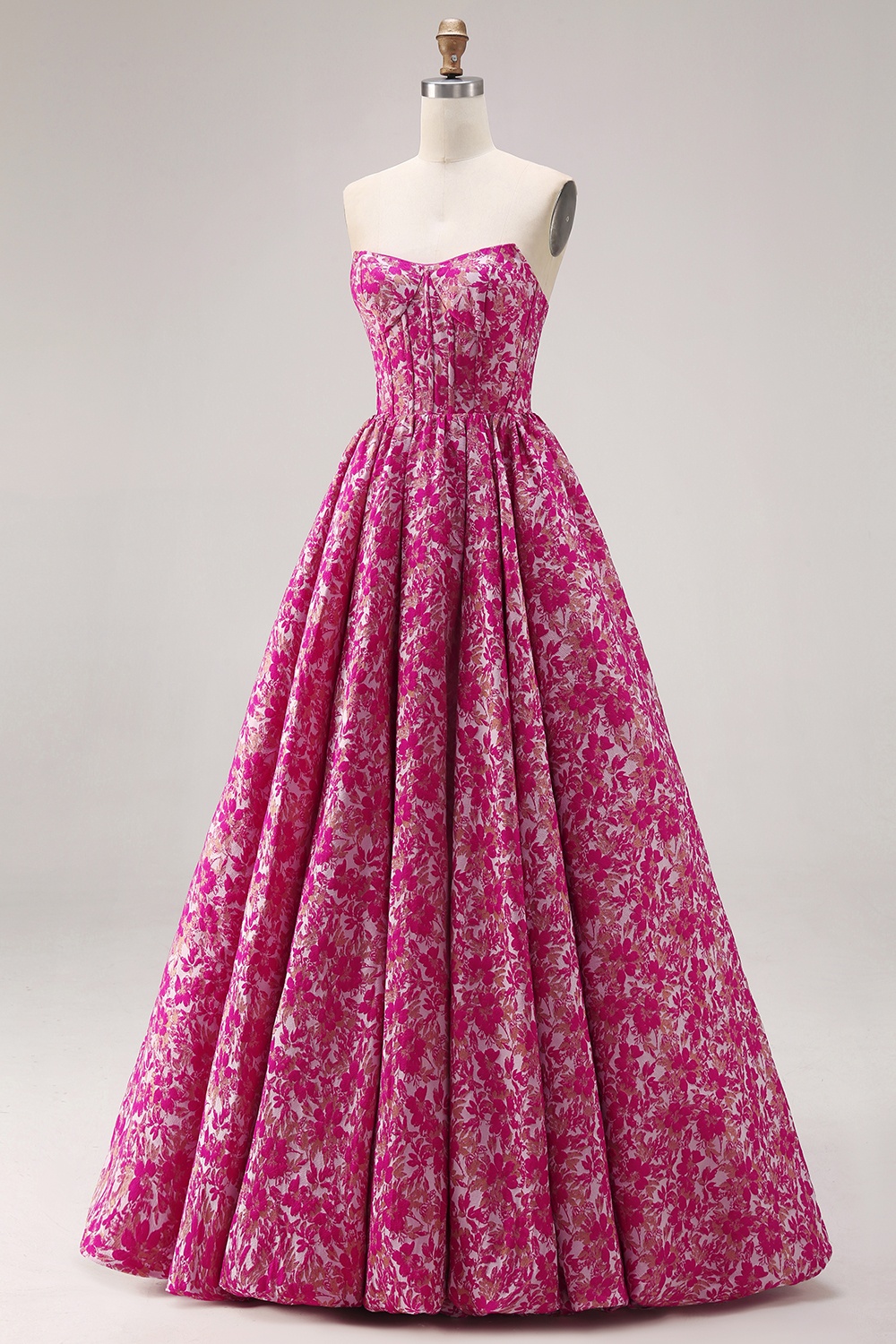 Fuchsia Floral Ball Gown Strapless Long Corset Prom Dress
