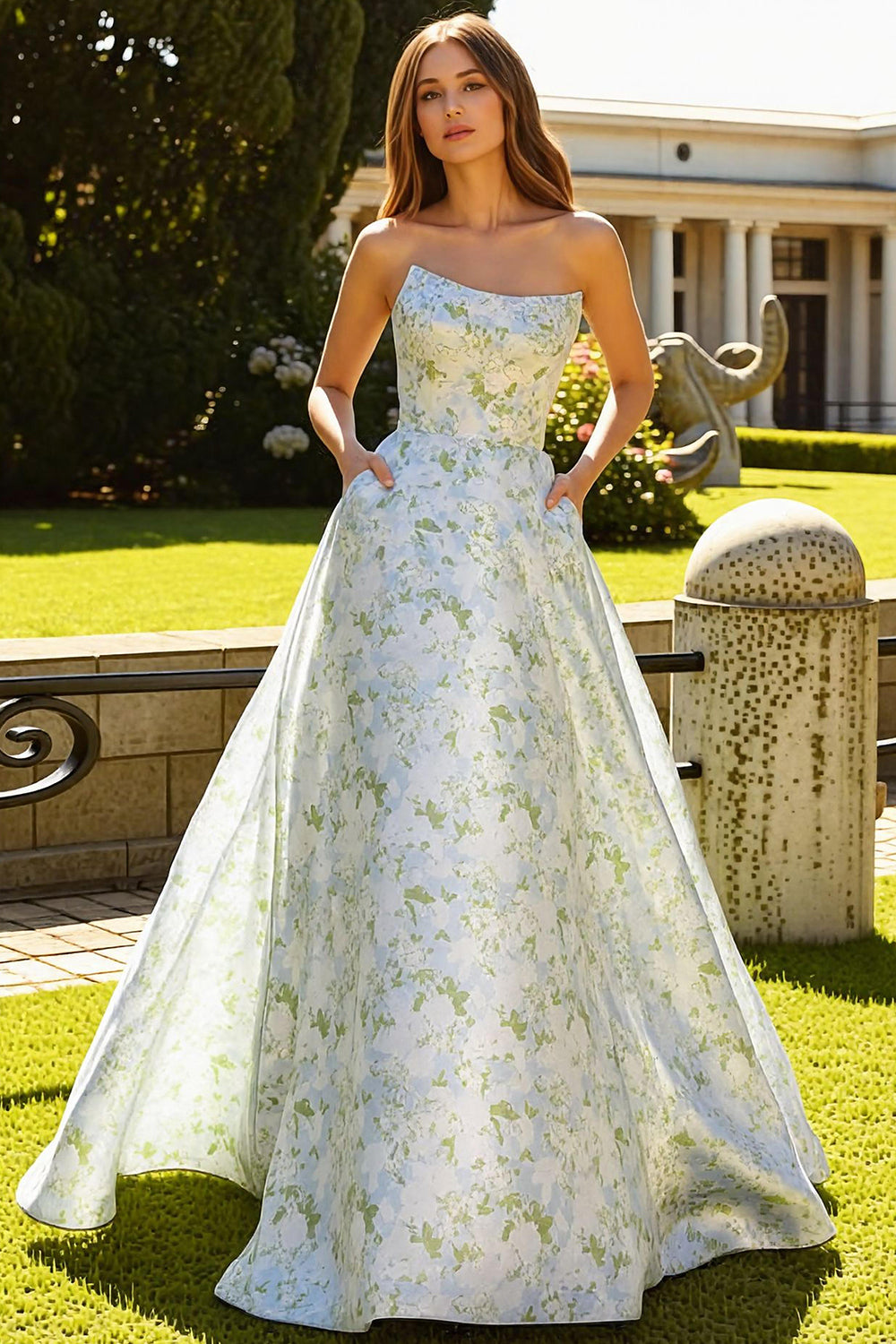 Floral Blue and White A-Line Long Strapless Prom Dress