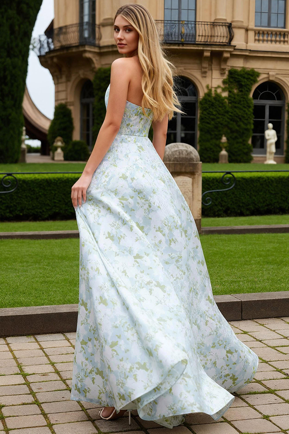 Floral Blue and White A-Line Long Strapless Prom Dress